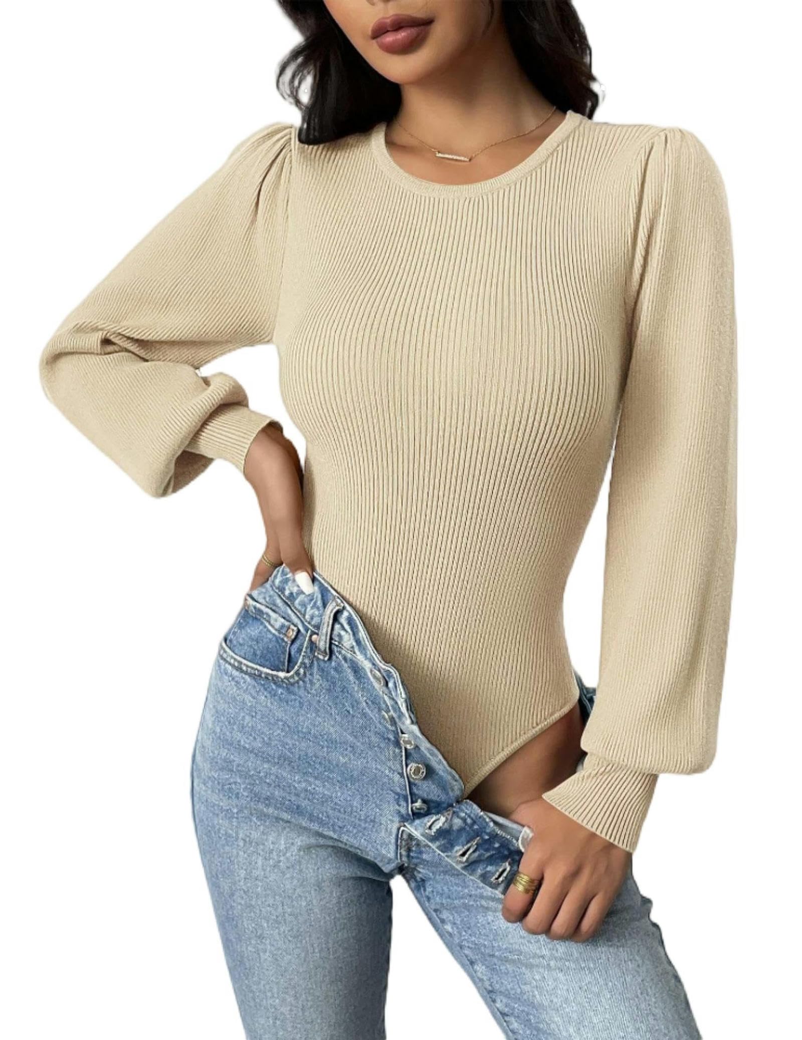 Body Ajustado de Invierno con Cuello Redondo y Mangas abullonadas para Mujer - Azul - L