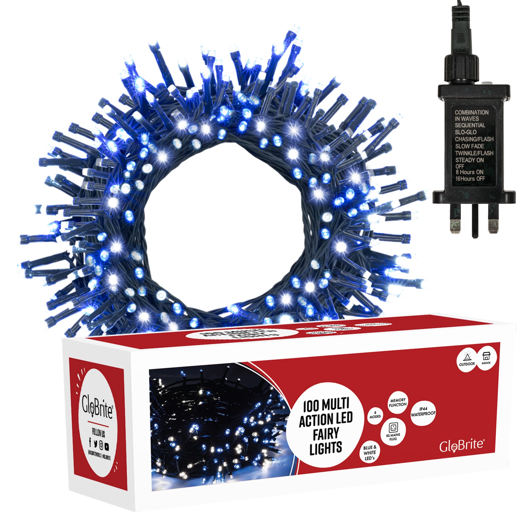 Glovite 100 LED Blue Fairy Lights - 8 Modes - 10m - Christmas Tree Outdoor Decorations
