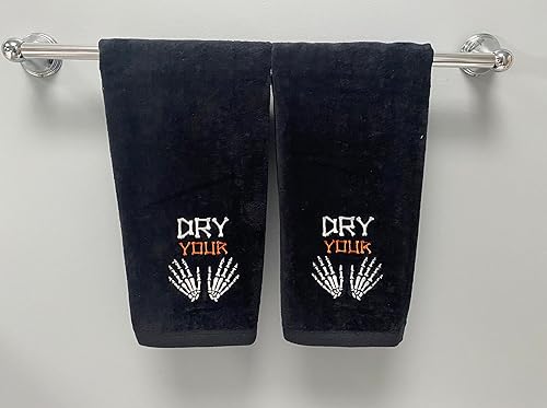 Miniatura 3 de Juego de 2 toallas de baño de mano de Halloween, diseño de esqueleto bordado de algodón negro "Dry Your Hands" - 16 x 25 pulgadas, decoración