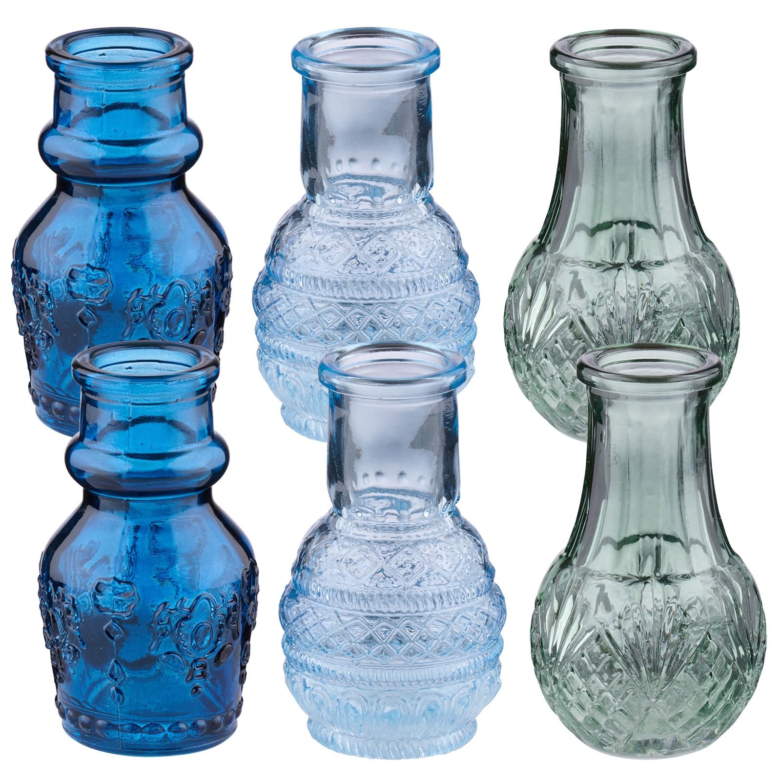 URBNLIVING Mini Flower Bud Vases Set in Blue and Green Colored Embossed Glass, Decorative Small Vases for Home Décor, Weddings, Centerpieces (2 Sets of 3)