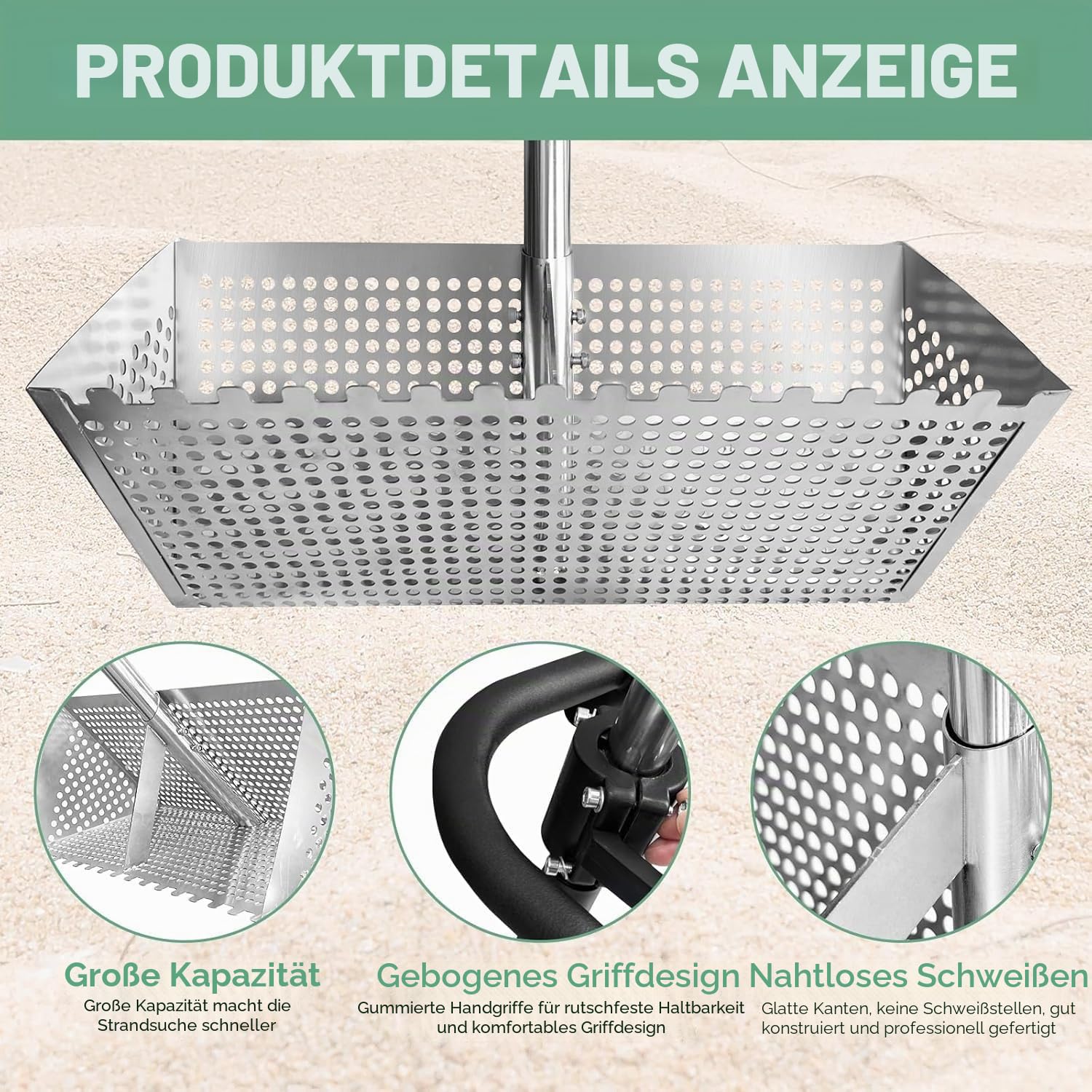 Sandflohharke, Sandsieb groß aus Edelstahl, Abnehmbarer 140 cm Langer Stiel Sand-Sieb mit rutschfestem Griff, für Strand Garten