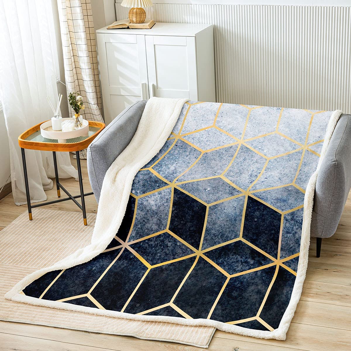 Coperta Sherpa in marmo con motivo geometrico, in pile ombre, coperta in peluche, per ragazzi, ragazze, bambini, blu e argento, per divano letto, 200 x 200 cm