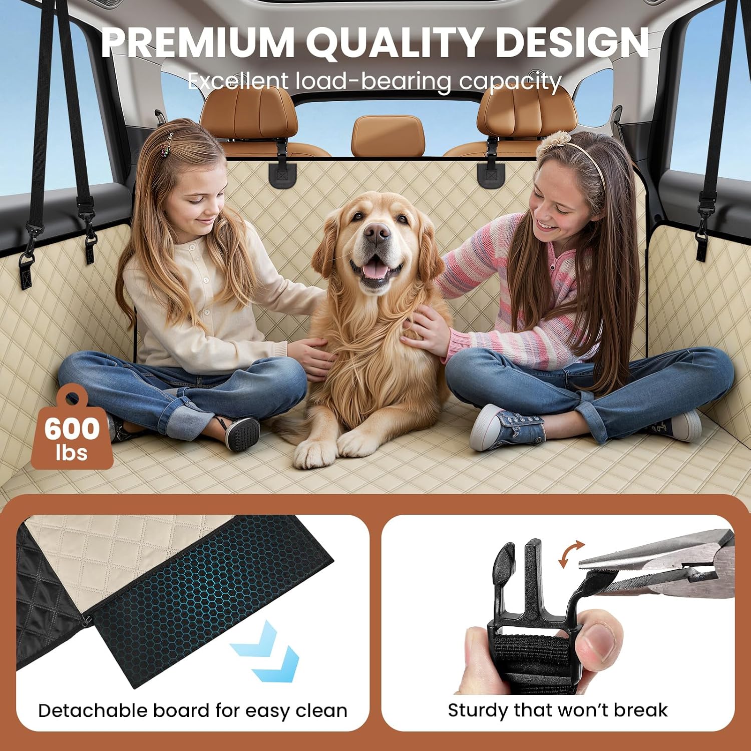 A-Pce 600D Heavy Duty Dog Car Seat Cover for Back Seat,2025 Upgraded Hard Honeycomb Bottom Back Seat Extender for Dogs- Holds 600lbs,Waterproof Scratch Proof Nonslip Dog Hammock for SUV,Khaki