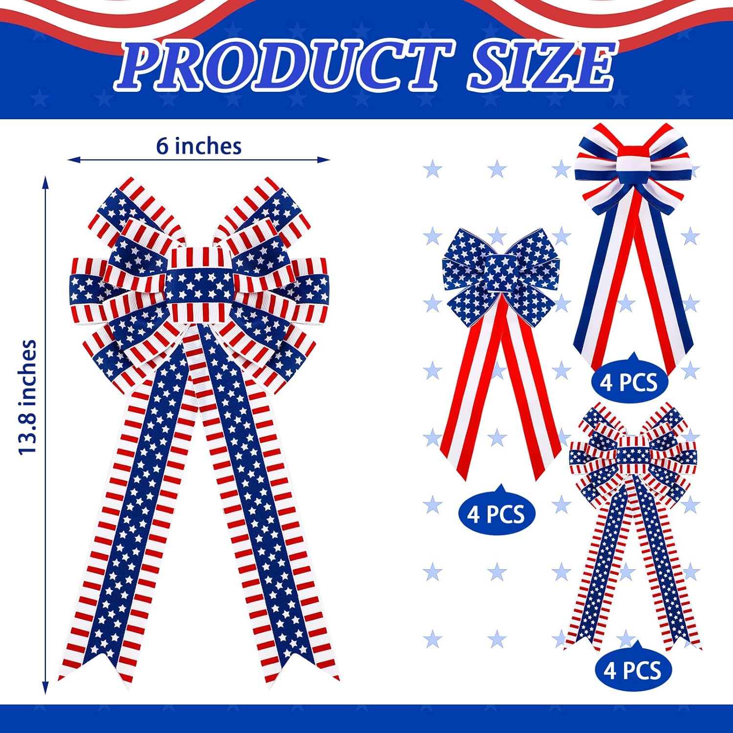 WILLBOND 4th of July Patriotic Wreath Bows, Red White Blue Star Stripe American Flag Bows, Independence Day Memorial Day Patriotic Decorations for Indoor Outdoor Wreath Porch Home Party Decor(12 Pcs)