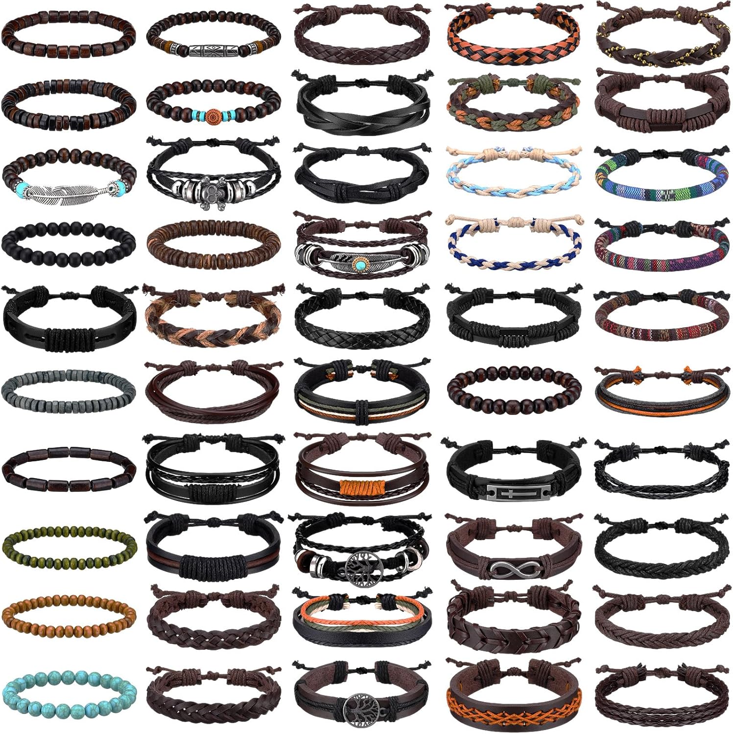 50 Pcs Braided Leather Bracelets for Men Women Wrap Wooden Bead Cuff Bracelet Hemp Cords Ethnic Tribal Handmade Wrap Wristband Bracelets Set Adjustable for Personal Wearing