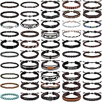 Equsion 50PCS Handmade Braided Leather Bracelets for Men Women - Adjustable Wooden Bead Wrap Cuff Hemp Cord Ethnic Tribal Wristband Set