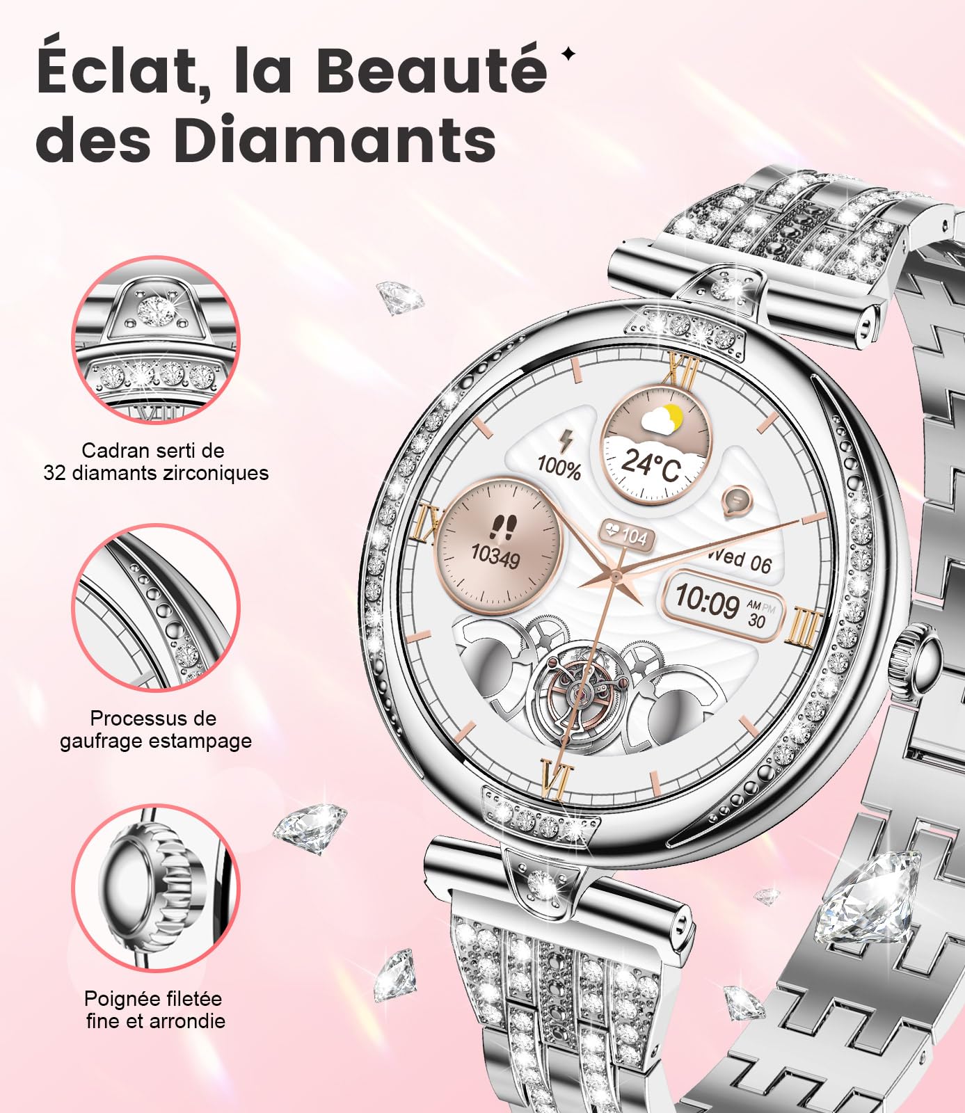 LIGE Montre connectée Femme Appels Bluetooth pour Android iOS 1,19" AMOLED Acier Inoxydable Diamant Smartwatch Argent Petite,Fréquence Cardiaque,Moniteur de Sommeil,Podomètre,Calories,100+ Mode Sport