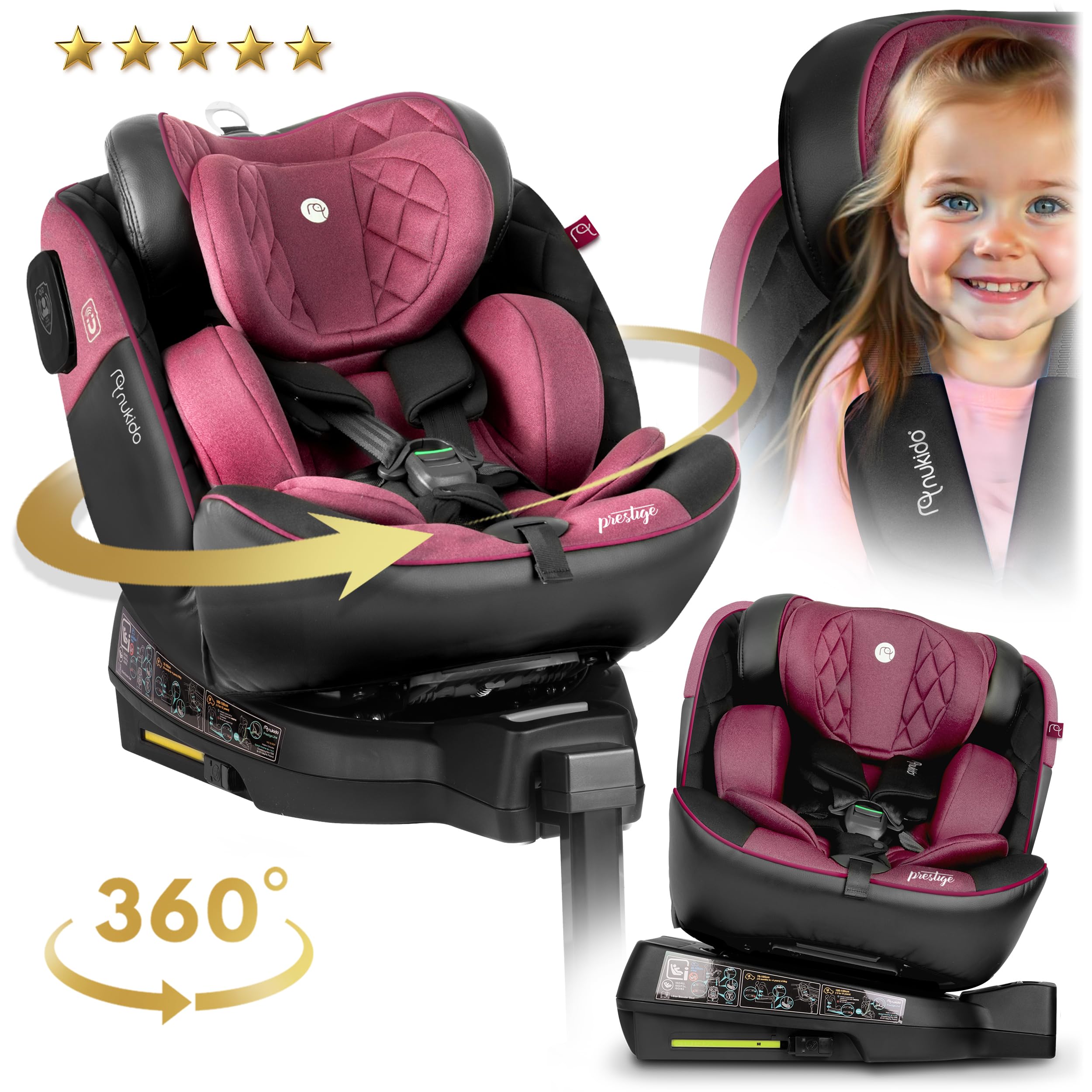 Nukido Kindersitz 360 Drehbar Autositz Kinder Kinderautositz i-Size ISOFIX 5 Punkt Sicherheitsgurt 0-12 Jahre Bis 36 kg Schwarz Rosa Prestige Line