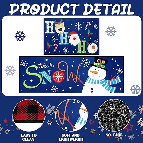 Miniatura 4 de Juego de 2 tapetes decorativos de Navidad con diseño de muñeco de nieve para cocina, juego de tapetes de Navidad, lavables, antideslizantes, tapete