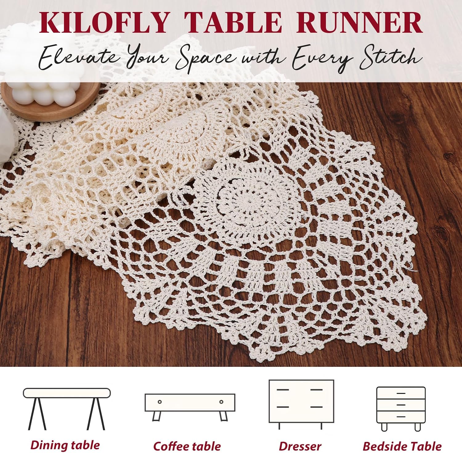 kilofly Handmade Crochet Lace Rectangular Table Runner 12 x 43 Inch, Beige