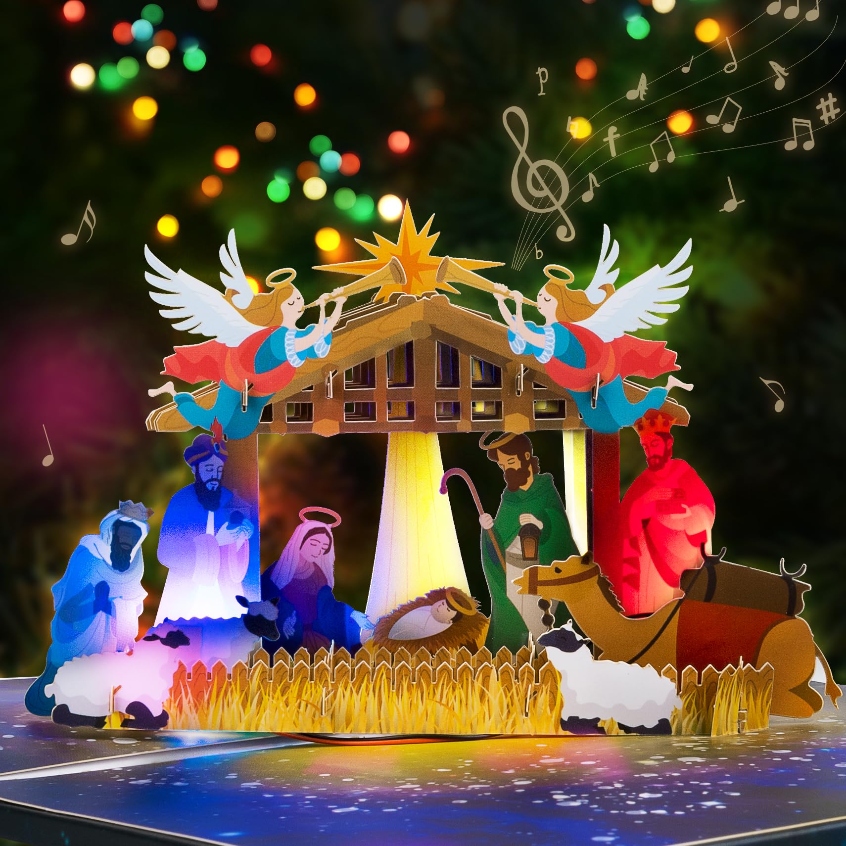 GREETING ART Pop Up Christmas Cards with lights and music, 3D Musical Nativity Cards, Religious Christmas Card, Holy Night Holidays Card