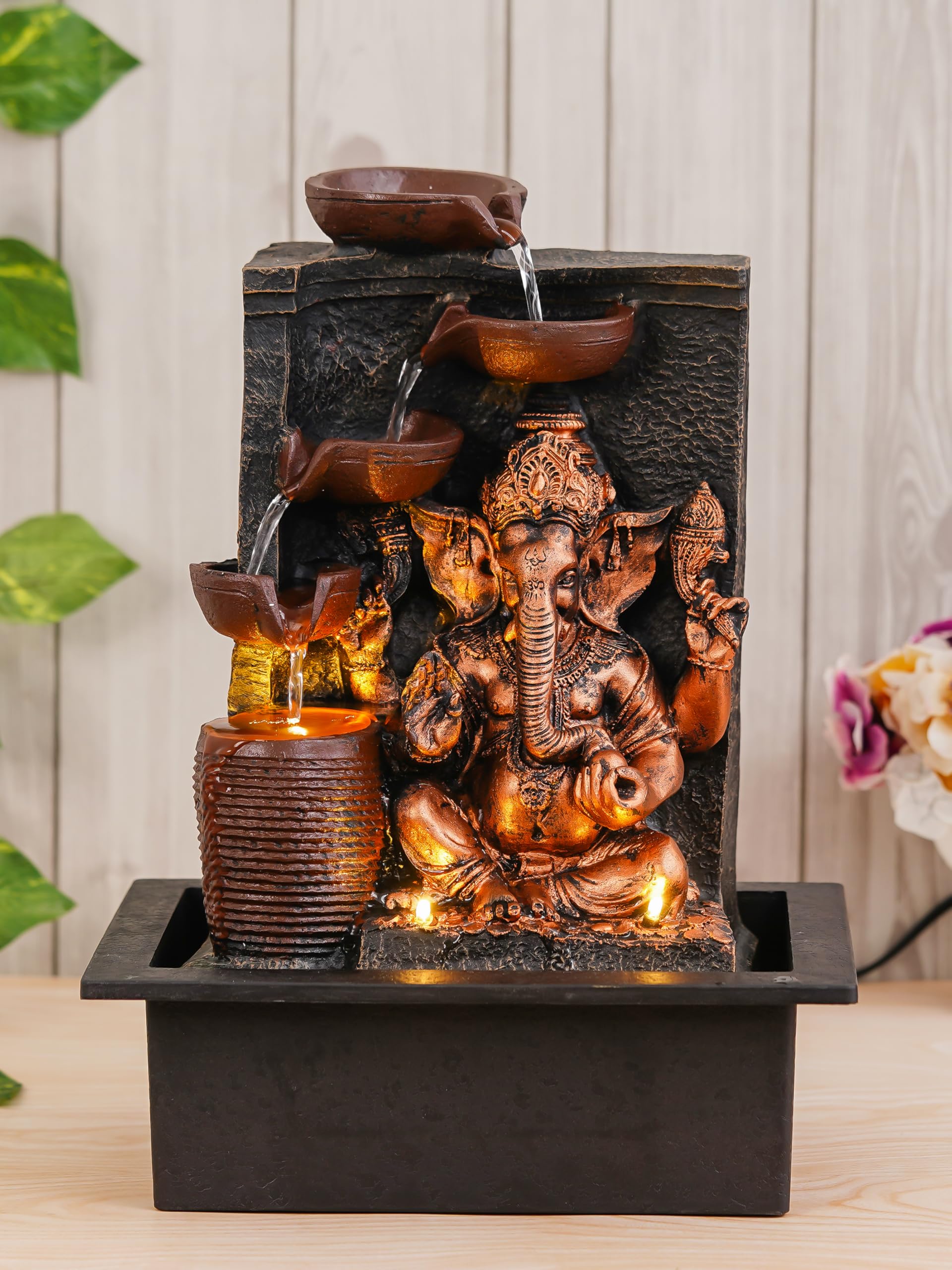 CHRONIKLE Polyresin Golden Brown Ganesha Tabletop Indoor 4 Diya Steps Waterfall Fountain for Home Décor with Yellow LED Light & Water Flow Controller Pump (Size: 39 x 29.5 x 22CM | Weight: 2195grm)-image-32