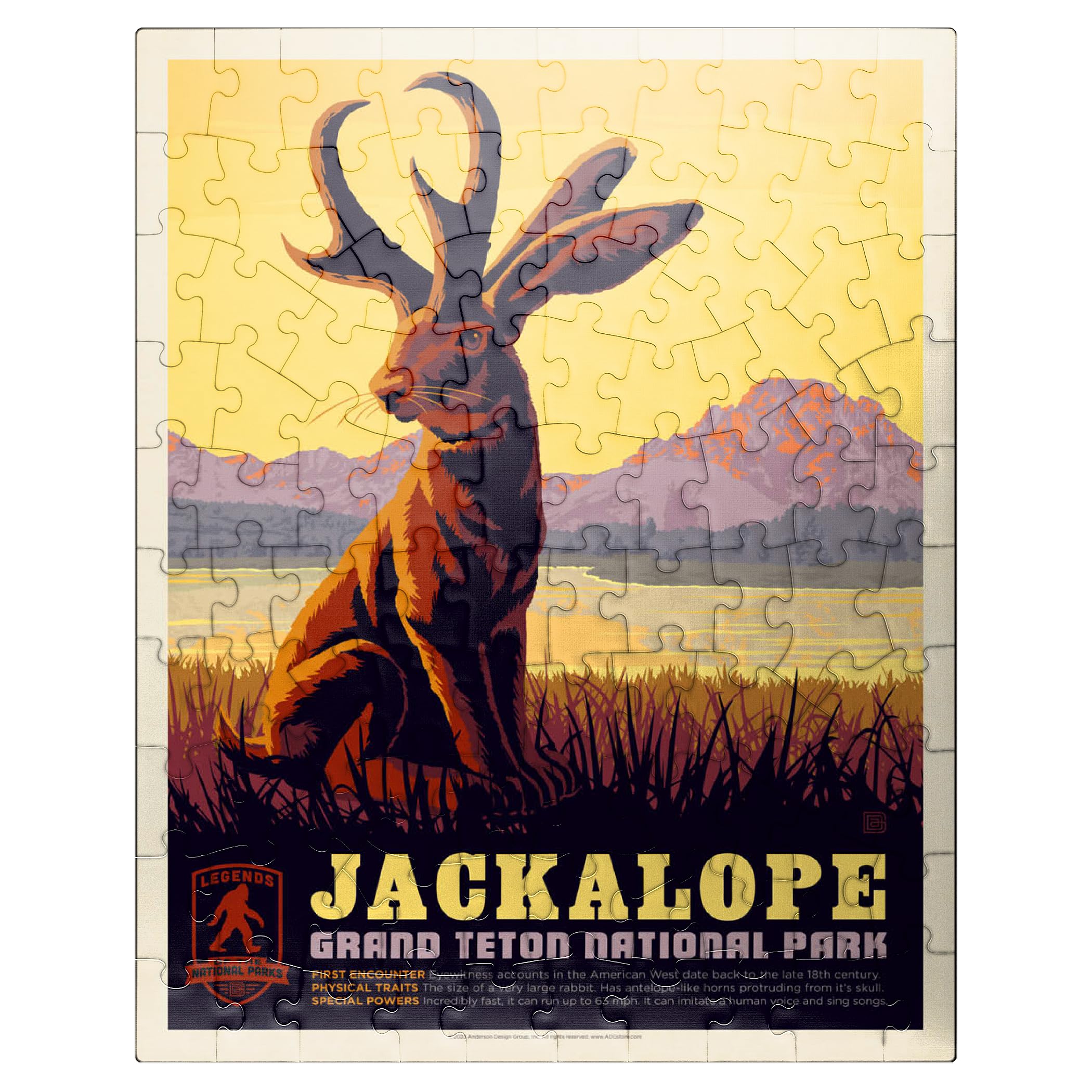 MyPuzzle Legends of The National Parks: Grand Teton's Jackalope, Vintage Poster - Premium 100 Piece Jigsaw Puzzle for Adults