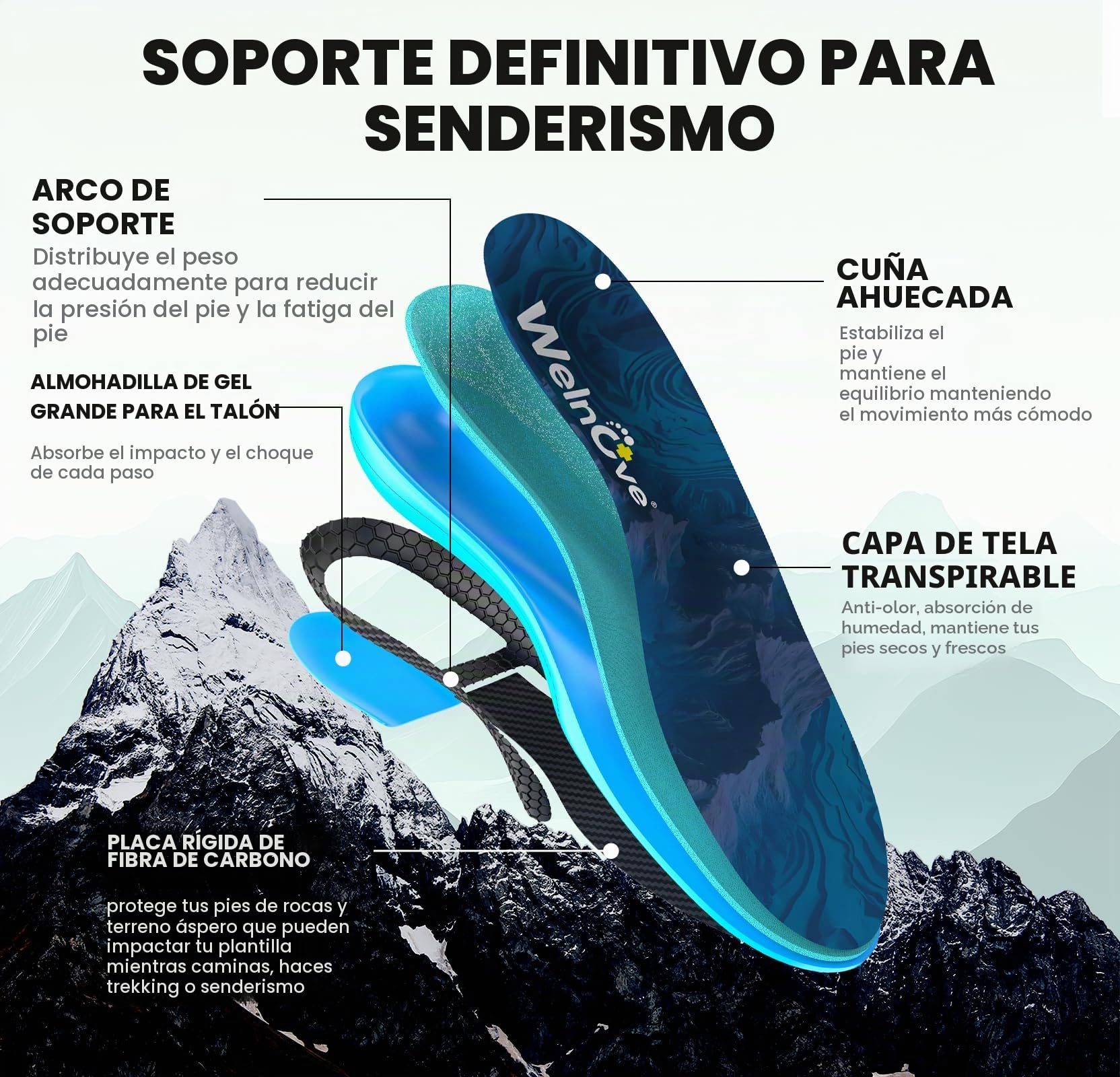 Plantillas Deportivas de Fibra de Carbono con Soporte Arco - Plantillas Welnove para Running con Absorción de Impacto para Deportes Activos - （L:41-42.5)