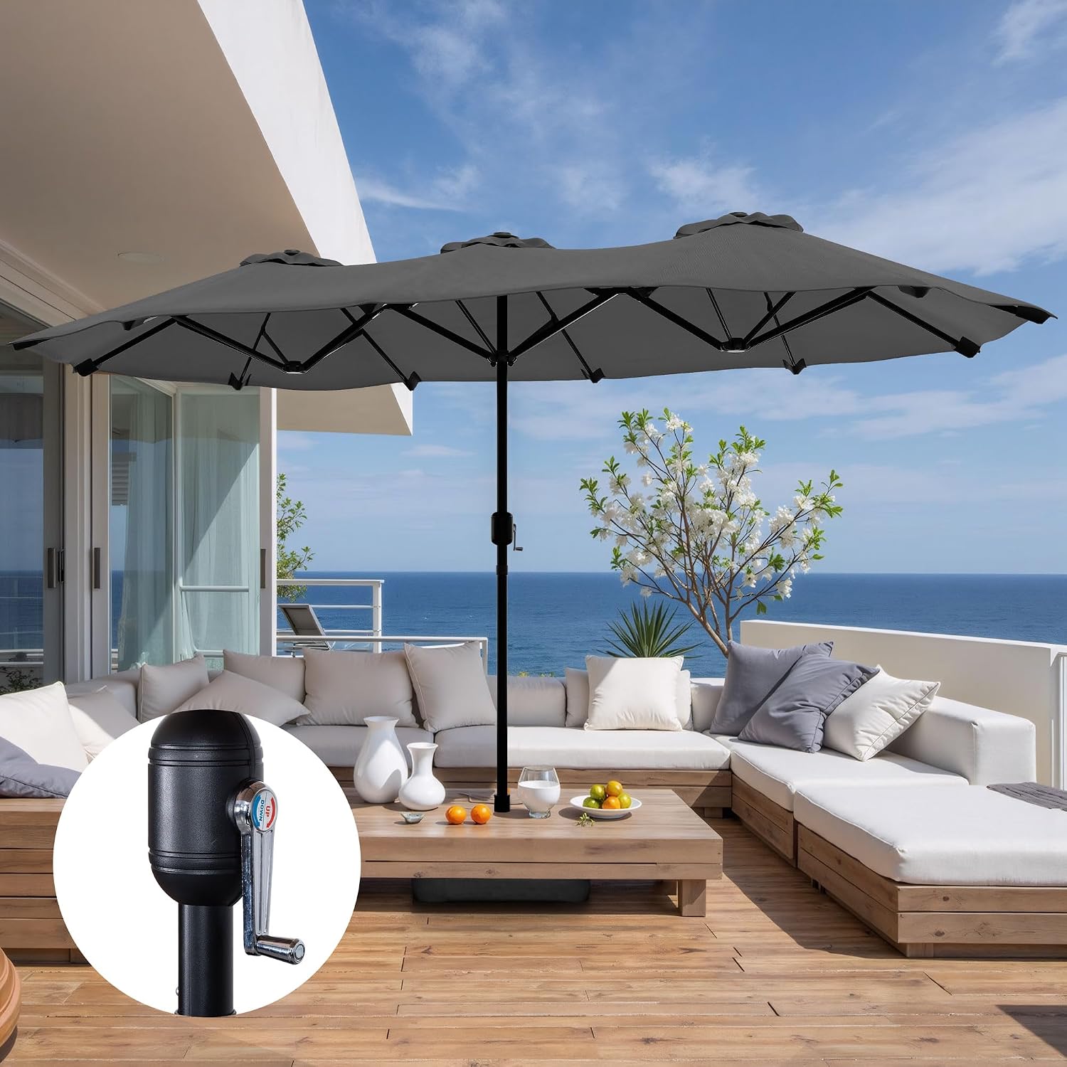 Shintenchi 16FT Large Patio Umbrella with Base Included, Outdoor Double-Sided Rectangular Shade with Crank Handle for Poolside Lawn, Deck & Garden, Gray