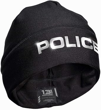 13FA Police Reflective Utility Beanie - USA Patriotic Gear - Stretch-Fit Poly-Spandex - Unisex Hi-Vis Hat US, Alpha, One Size, Standard, Black & Reflective
