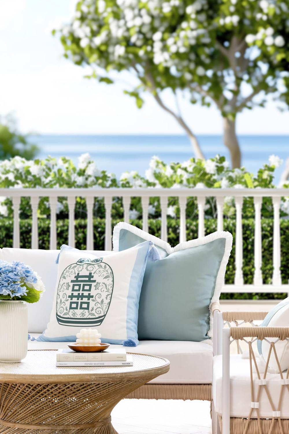 Hofdeco Premium Coastal Grandmillennial Patio Indoor Outdoor Throw Pillow Cover Only, 22"x22" Water Repellent for Backyard, Couch, Poolside, Celadon Green Print Solid