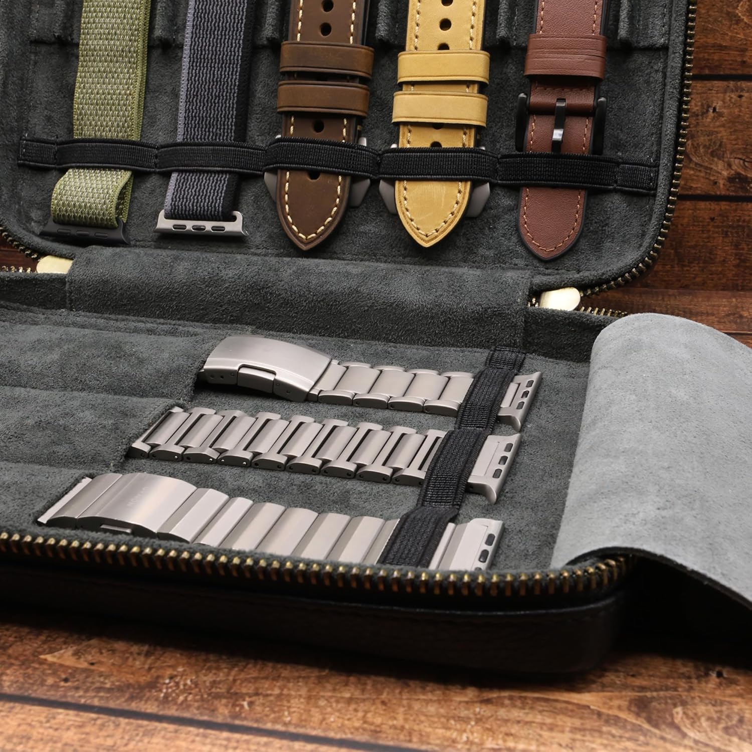 Leather Band Storage Organizer Case Compatible with Apple Watch Bands - Fits 8 Bands Including Metal Band Compatible with Apple Watch, Samsung, AndroidWear and Smartwatch Bracelets Storage Case