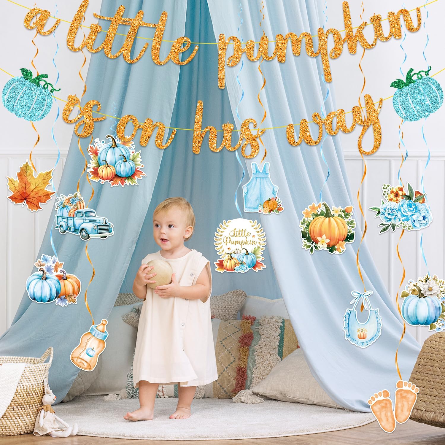 Little Pumpkin Baby Shower Decorations for Boy, Fall Blue Gender Reveal Decor, A Little Pumpkin Is on His Way Baby Shower Banner and Hanging Swirls