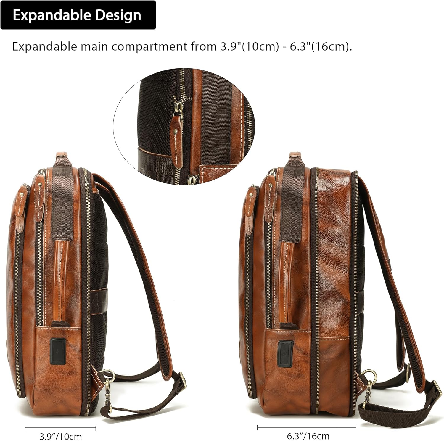 LANNSYNE Vegetable Tanned Leather Backpack for men, Expandable Leather Backpack Fits 15.6 Laptop, Tote Shoulder Travel Bag Rucksack - Image 4