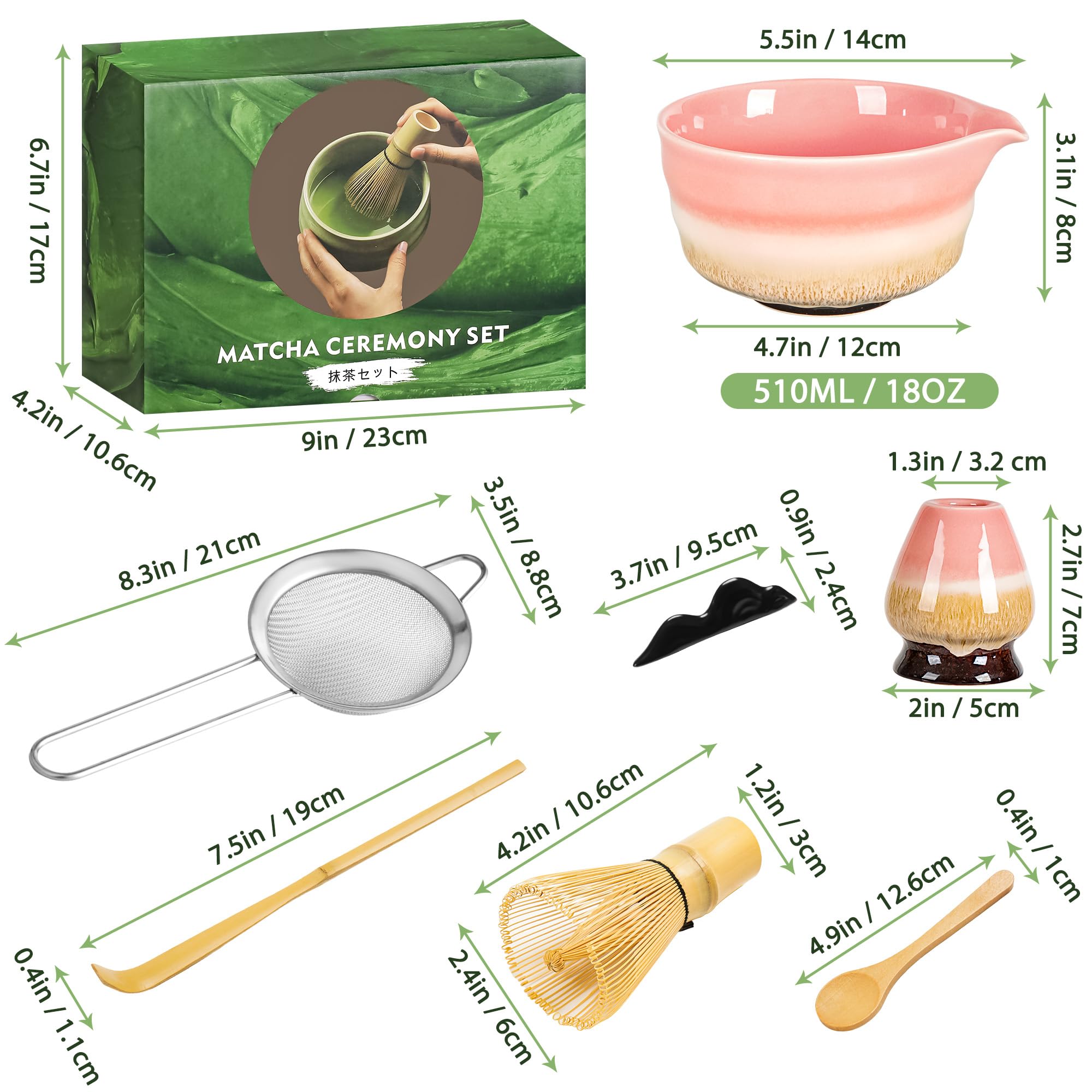 Matcha Kit para Principiantes - Set de 7 Piezas Incluye: Tazón (Chawan), Batidor de Bambú (Chasen), Cuchara, Tamiz, Soportes y Base - Kit de Té Matcha Artesanal
