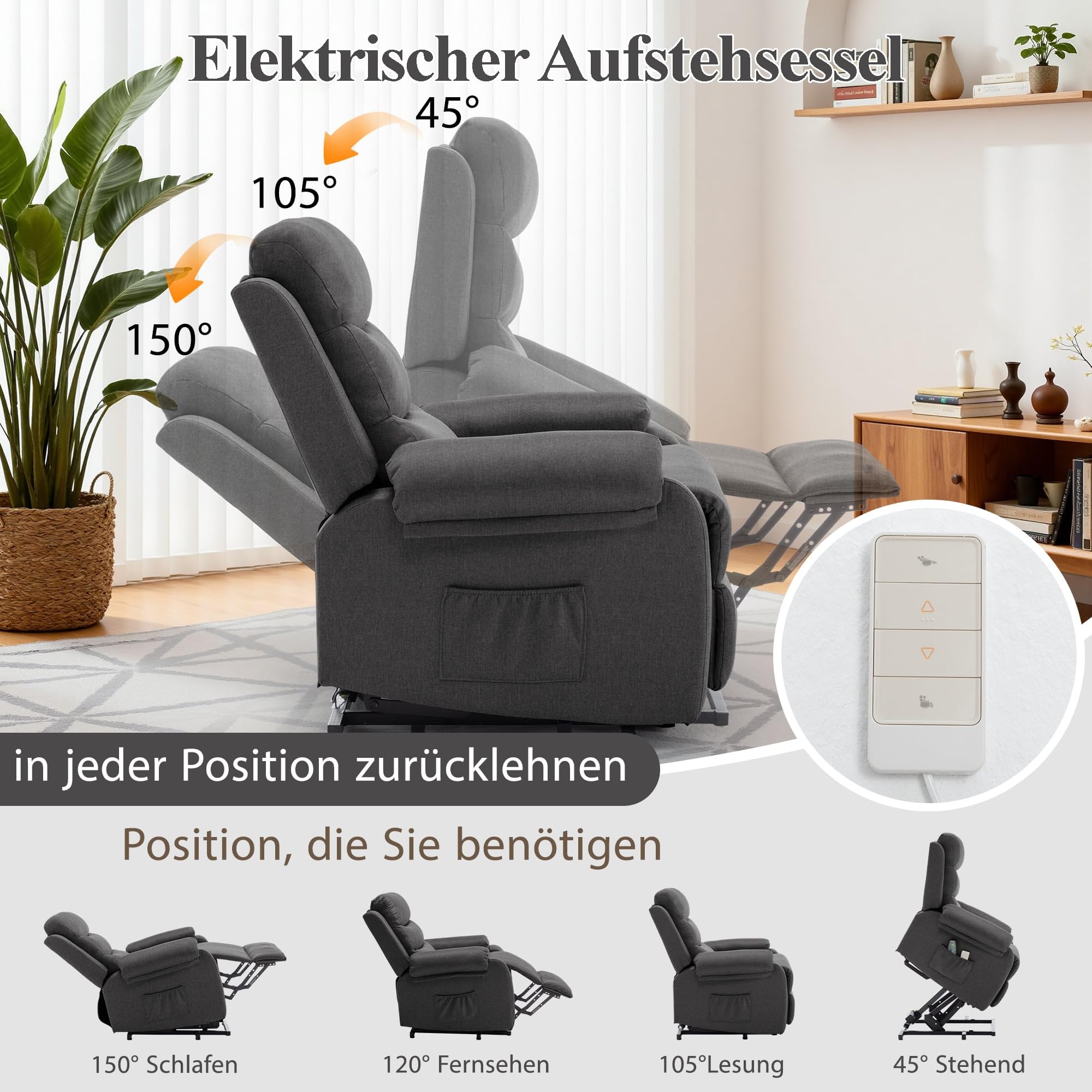 Korser Relaxsessel mit Liegefunktion für Erwachsene, Elektrischer Fernsehsessel mit Aufstehhilfe, Massagesessel mit Wärmefunktion, TV Sessel mit Memory-Funktion für Wohnzimmer Schlafzimmer, Darkgrey