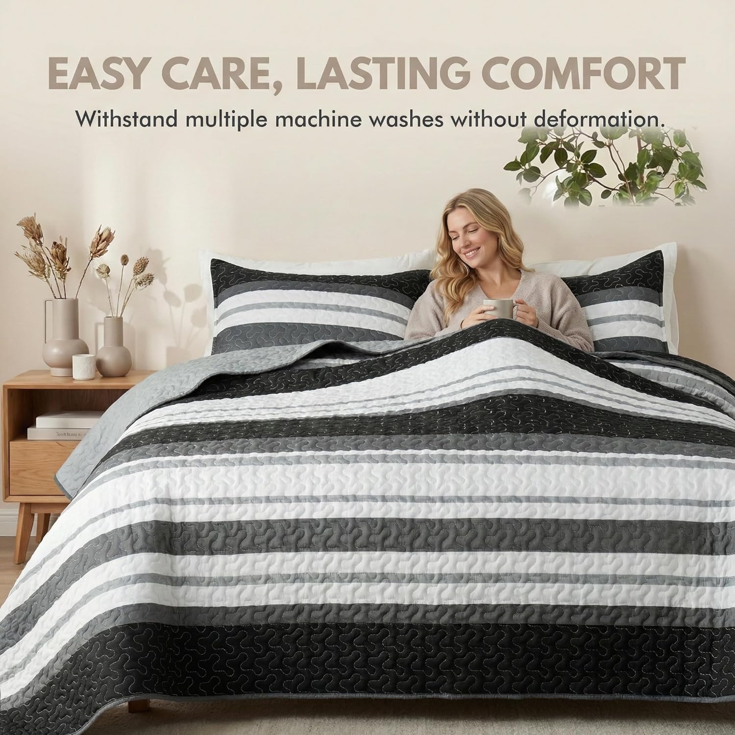 Whale Flotilla King Size Quilt Set - Reversible Black Quilt King Size with 2 Pillow Shams, Lightweight Boho Striped Oversized Bedspreads Coverlet Bedding Set for All Seasons