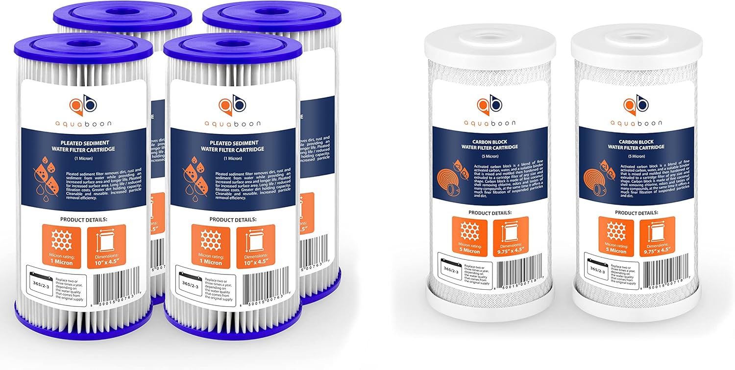 Aquaboon 2 Pack of 5 Micron 10" Coconut Shell Carbon Water Filter Replacement Cartridge & Aquaboon 4-Pack of 1 Micron 10" Pleated Sediment Water Filter Replacement Cartridges