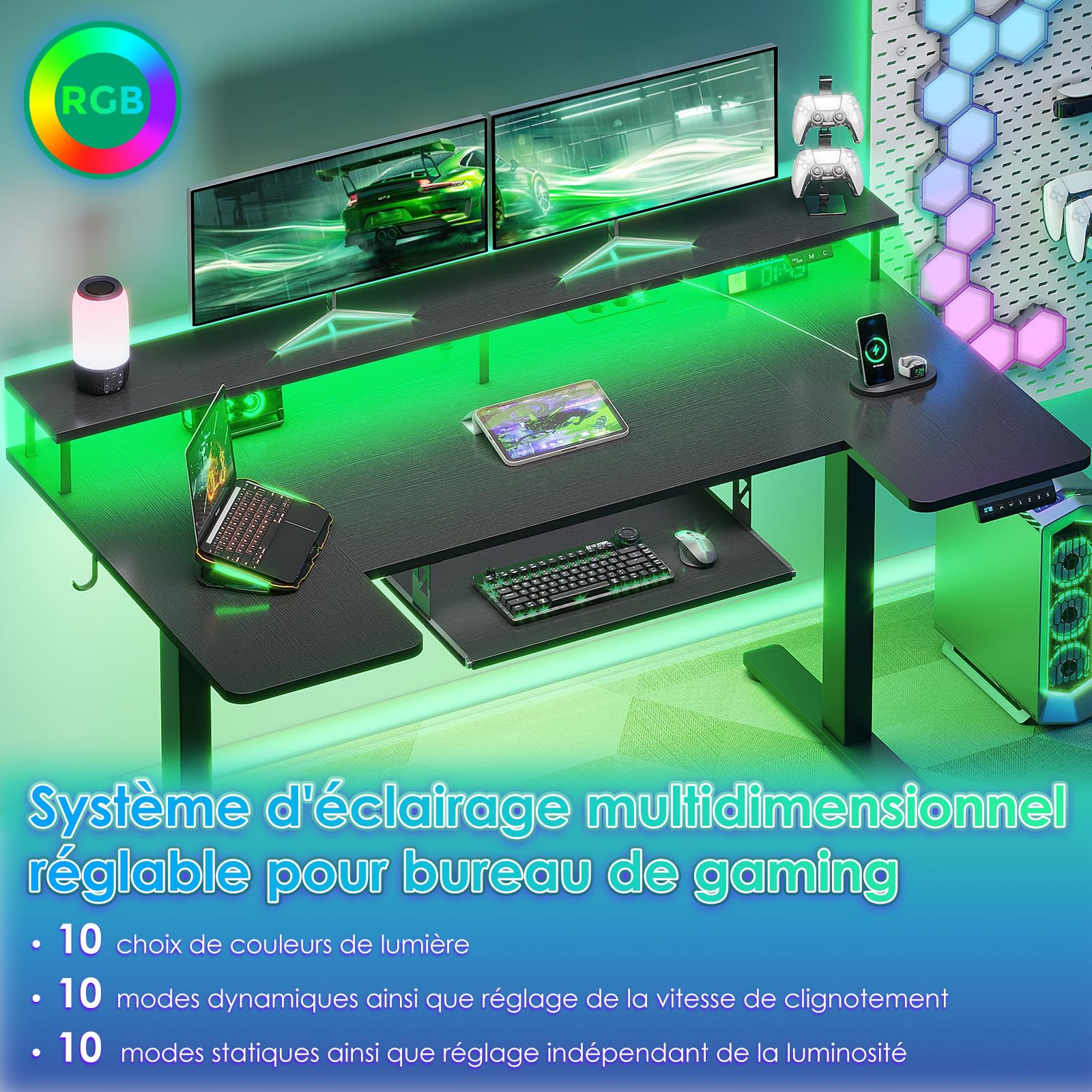 OffiGo Bureau Gaming Électrique avec Support Écran 140×74 cm, Noir