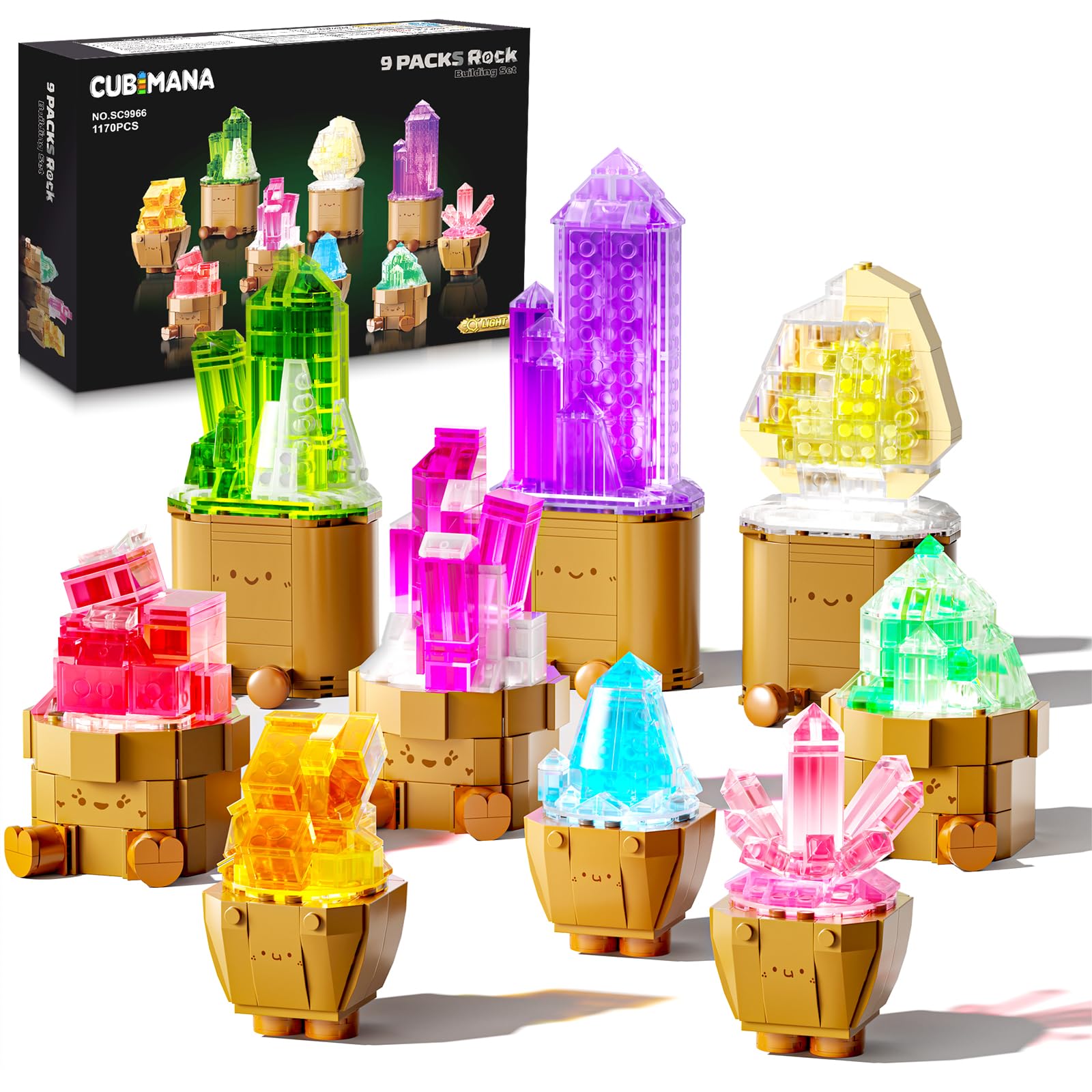 CUBIMANA Set di costruzioni mini minerali 9 pezzi con luce LED, 1170 mattoncini cristalli fiori bonsai 3,6 mm, decorazione casa ufficio, regalo di Natale o compleanno per adulti e ragazzi 12