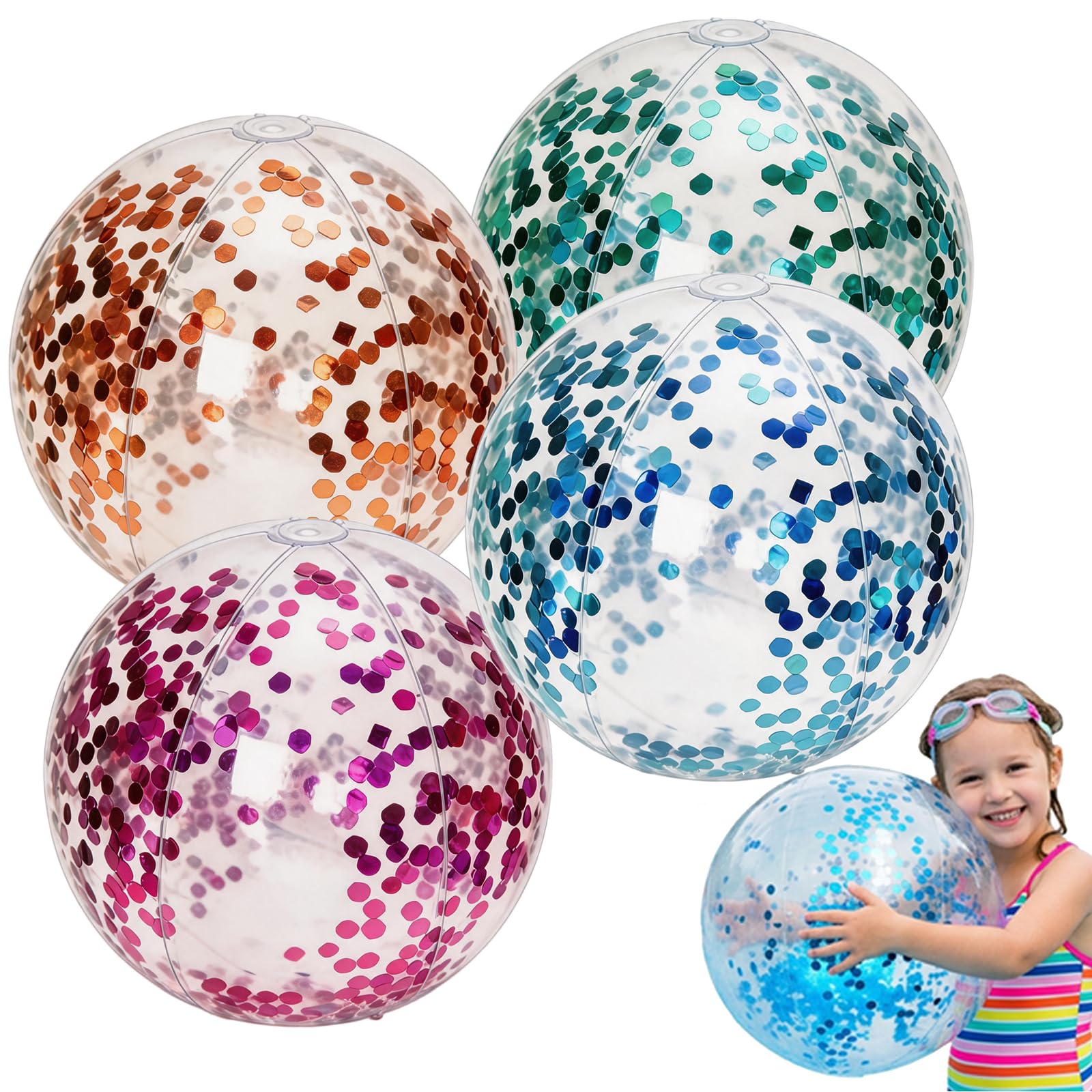 Fofuo 4 Pcs Beach Balls Inflatable 11 Inch Glitter Beach Balls Transparent Confetti Sequin Pool Ball Water Toys Blow Up Small Water Ball for Adults Summer Swimming Pool Games Outdoor Party Activity