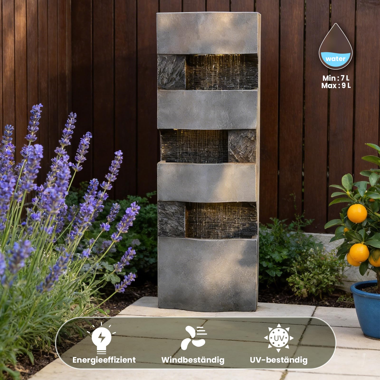Sunlinua 3-stufiger Regenvorhang-Springbrunnen mit LED-Beleuchtung – moderner freistehender Brunnen für Garten, Terrasse, Balkon oder Eingangsbereich, 36.5×22×103 cm | Grau
