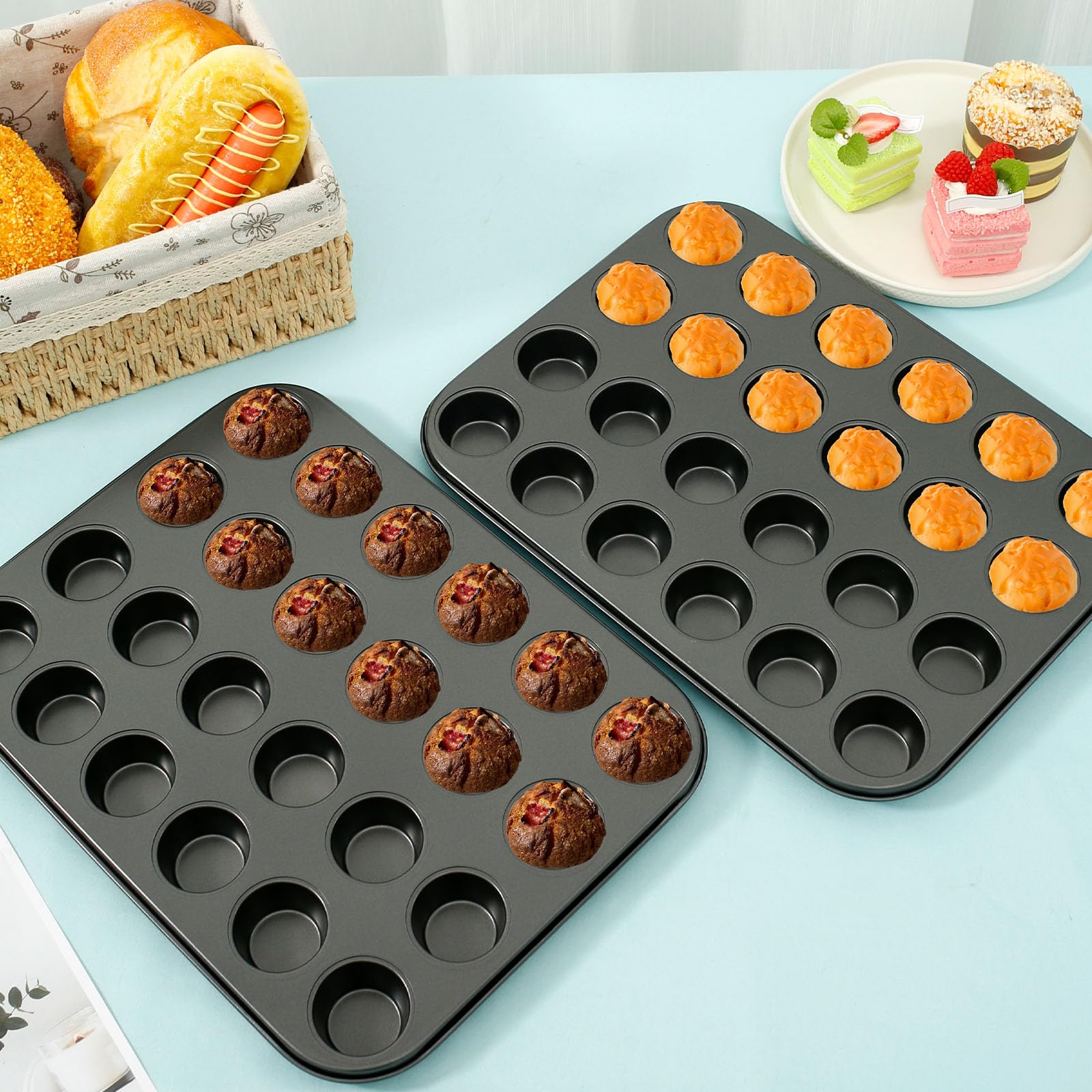 2 moldes antiadherentes de acero al carbono reutilizables para tartas de queso, 24 tazas, práctico molde para magdalenas y magdalenas
