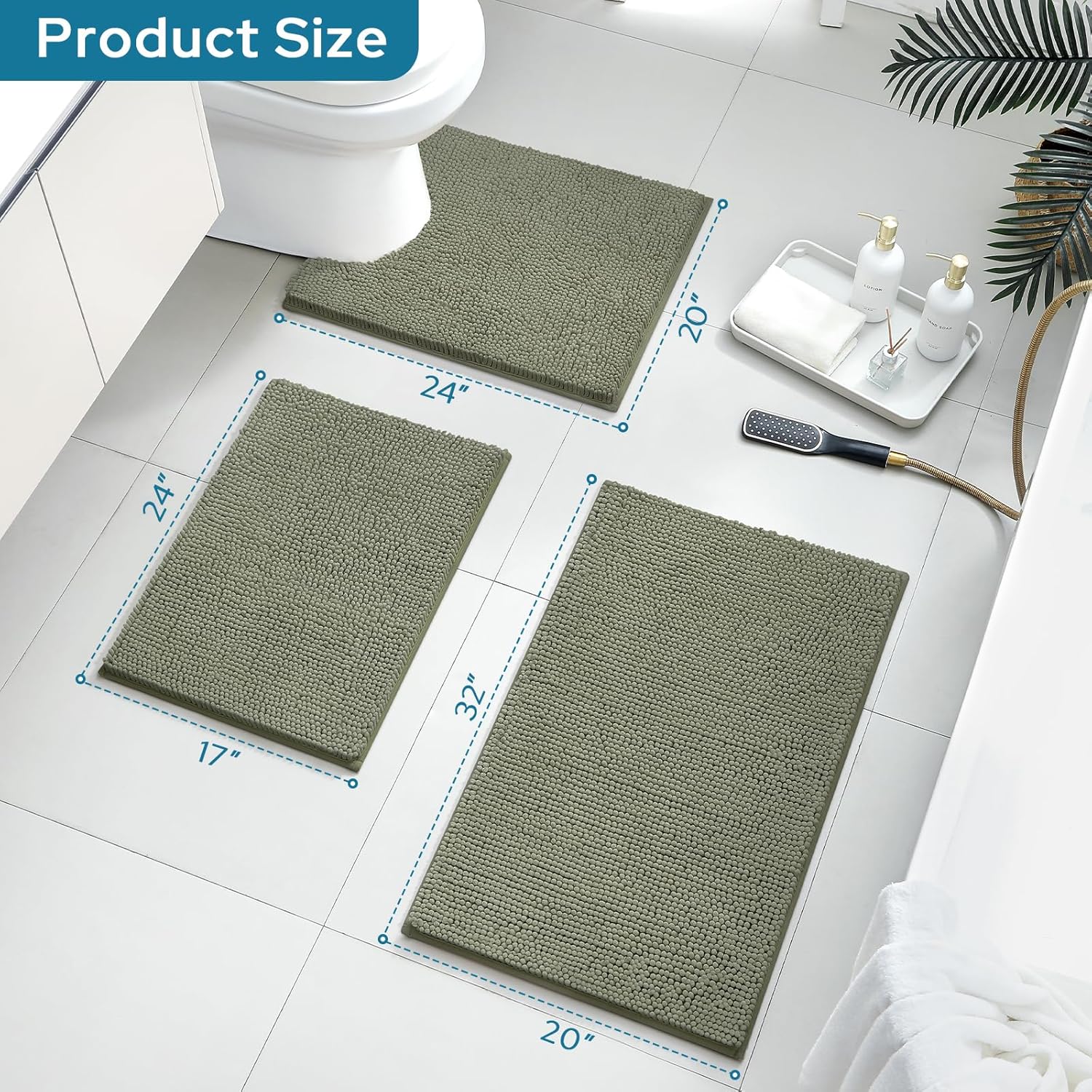 BYSURE Sage Green Bathroom Rugs Sets 3 Piece Non Slip Extra Absorbent Plush Chenille Soft Washable Bath Mats