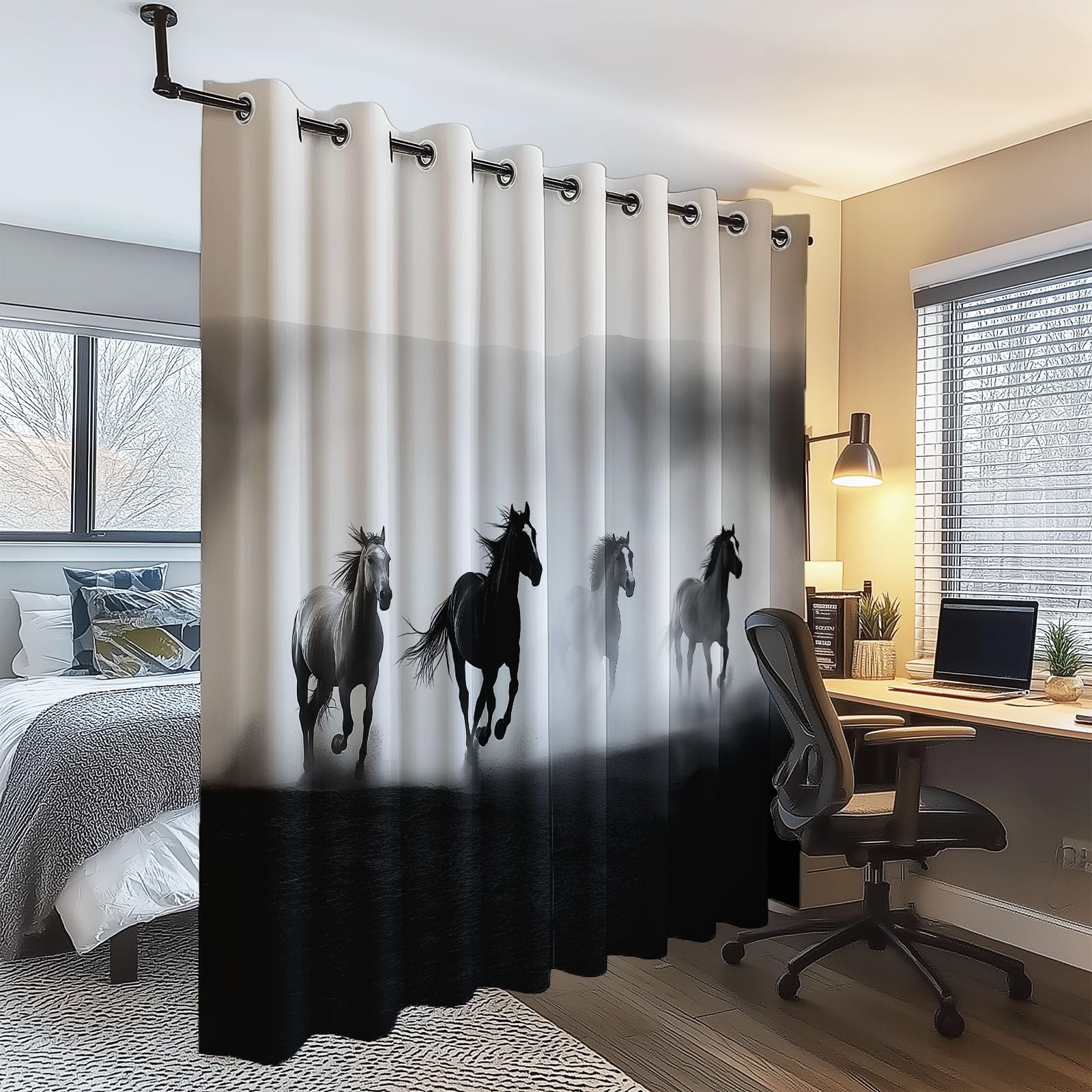 Translucida Cortinas Caballo Dinámico Poder Salon Paneles con Ojales Blanco y Negro para Sala Cuarto Comedor Salon Cocina Habitación 117An x 138Al cm (2 Paneles)
