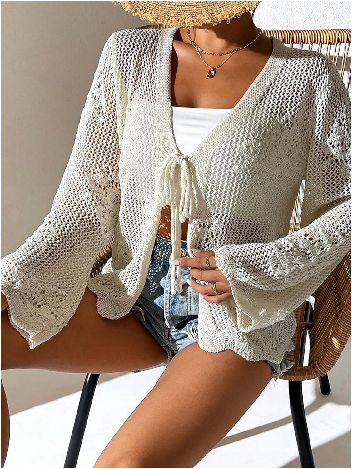 Floerns Women's Tie Front Crochet Lightweight Long Sleeve Cardigan Sweaters Boho Beach Hollow Out Lace Cover Up - Image 4