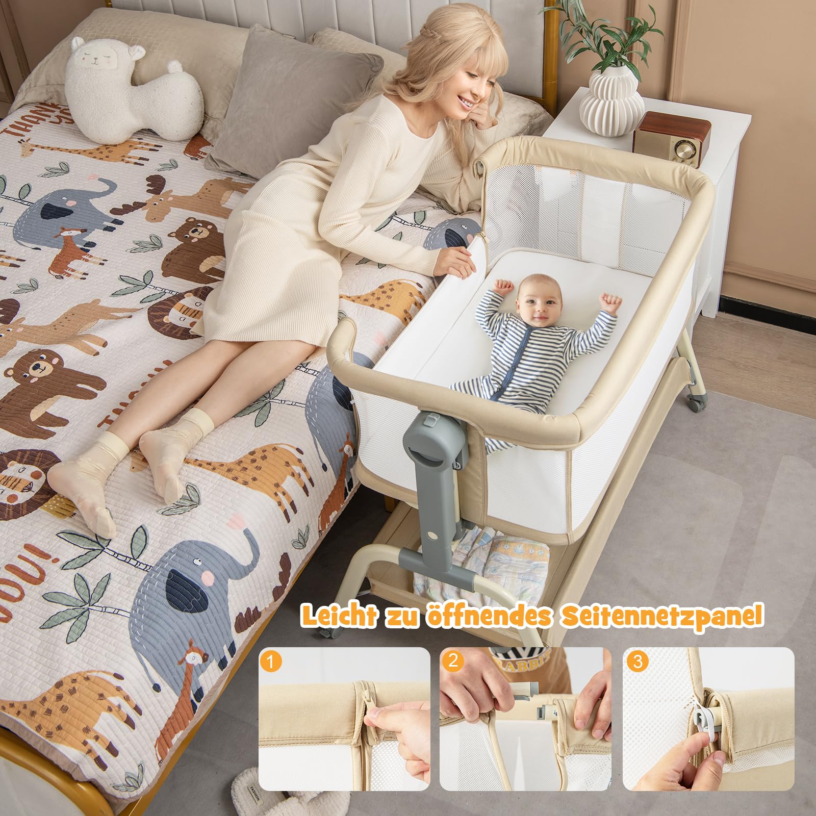 COSTWAY 4 in 1 Babybett mit Moskitonetz, Beistellbett & Babywiege & Stubenwagen & Reisebett mit Matratze, 6 verstellbaren Höhen, Tragetasche, mobiles Kinderbett faltbar für Baby bis 6 Monaten (Beige)