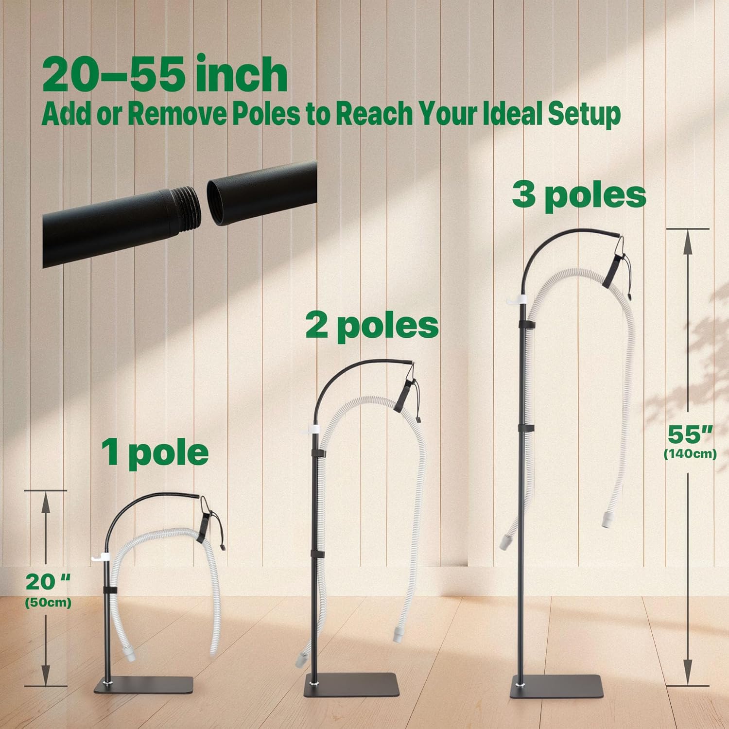 CPAP Hose Holder Stand for Improving Sleep Comfort- Customizable Height & Position for All Bed Heights, Includes Mask Hook & Tube Straps, Prevents Hose Pulling & Tangling