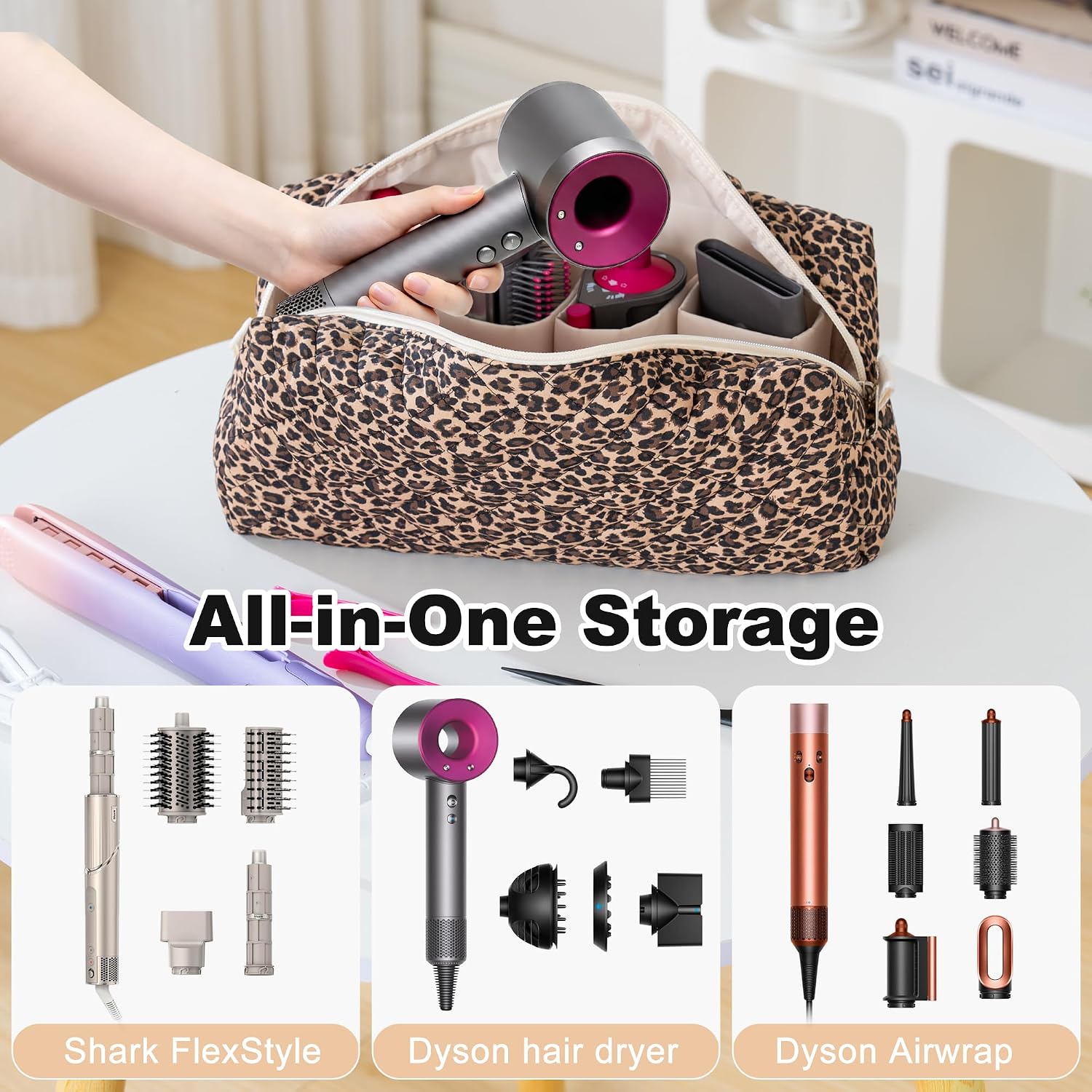 Hair Tools Travel Bag, Hair Tool Organizer Case for Dyson Airwrap & Shark FlexStyle, Large Capacity Storage Bag for Hair Dryer Curling Iron & Styling Accessories, Leopard