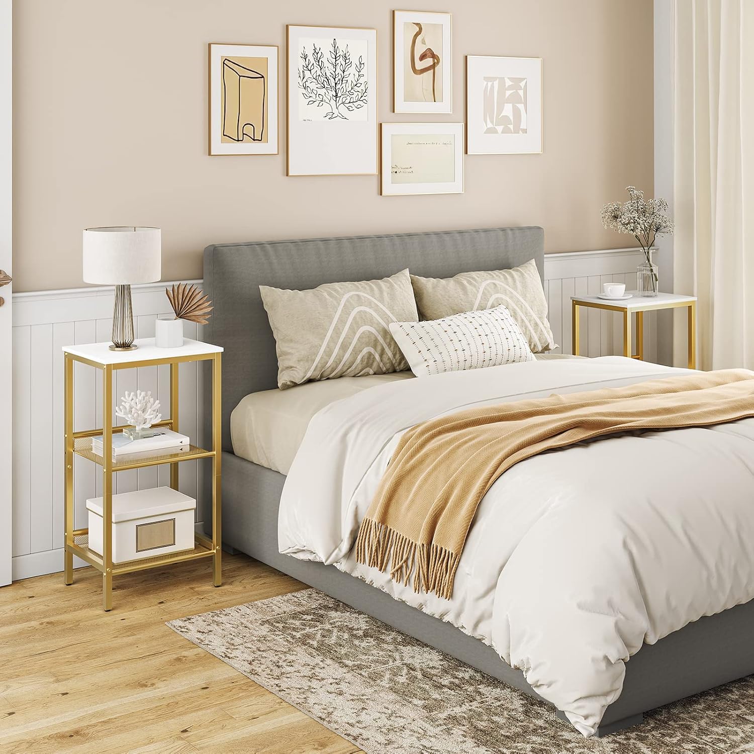 HOOBRO Tall Side Table, 3-Tier Telephone End Table with Adjustable Mesh Shelves, Small Entryway Table with Storage, Small Nightstand for Living Room, Bedroom, Hallway, White and Gold DW01DH01G1