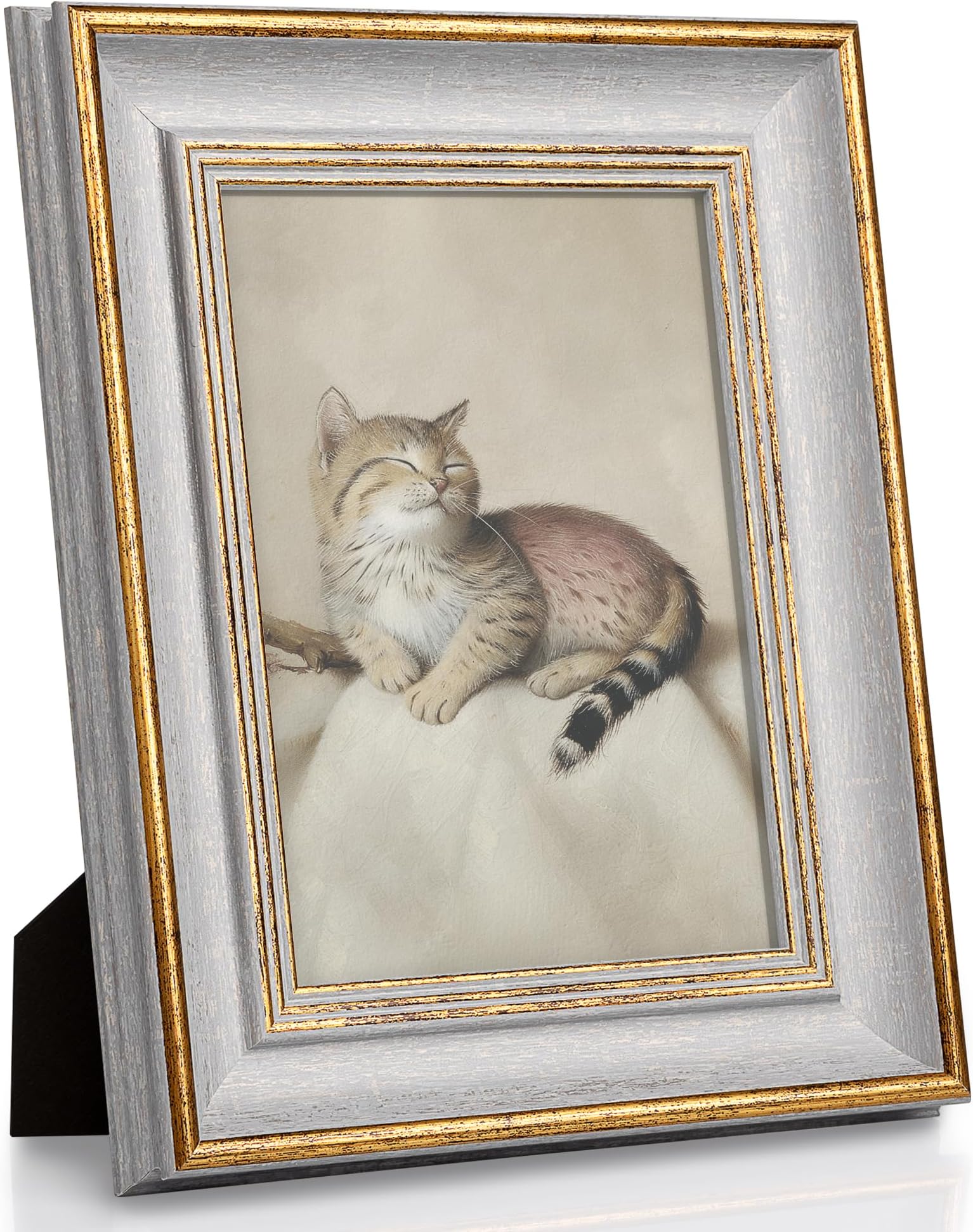 Sapowerntus Vintage 5x7 Picture Frame Gold Line Grey Distressed Photo Frames Set Antique Real Glass Wall Hanging Tabletop Display Home Decor Retro Shabby Chic Unique Gift