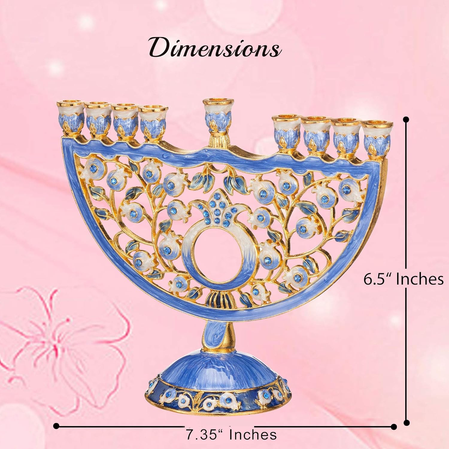 Matashi Hand Painted Blue Enamel Pomegranate Design Menorah Candelabra Embellished with Gold Accents and Crystals Jewish Candle Holder Hanukkah Gift Housewarming Showpiece for Living Room