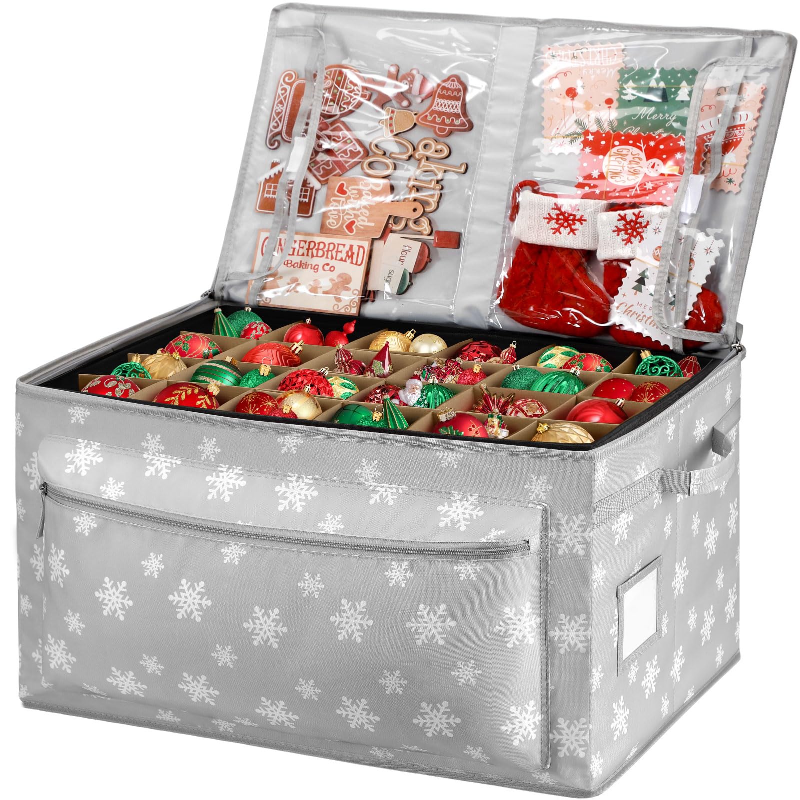 Christmas Ornament Storage Box - Holds Up to 72 of 4” Ornaments - 2-in-1 Xmas Figurine Container - 3 Individual Trays - Holiday Christmas Decor Storage Case (Grey Snowflake)