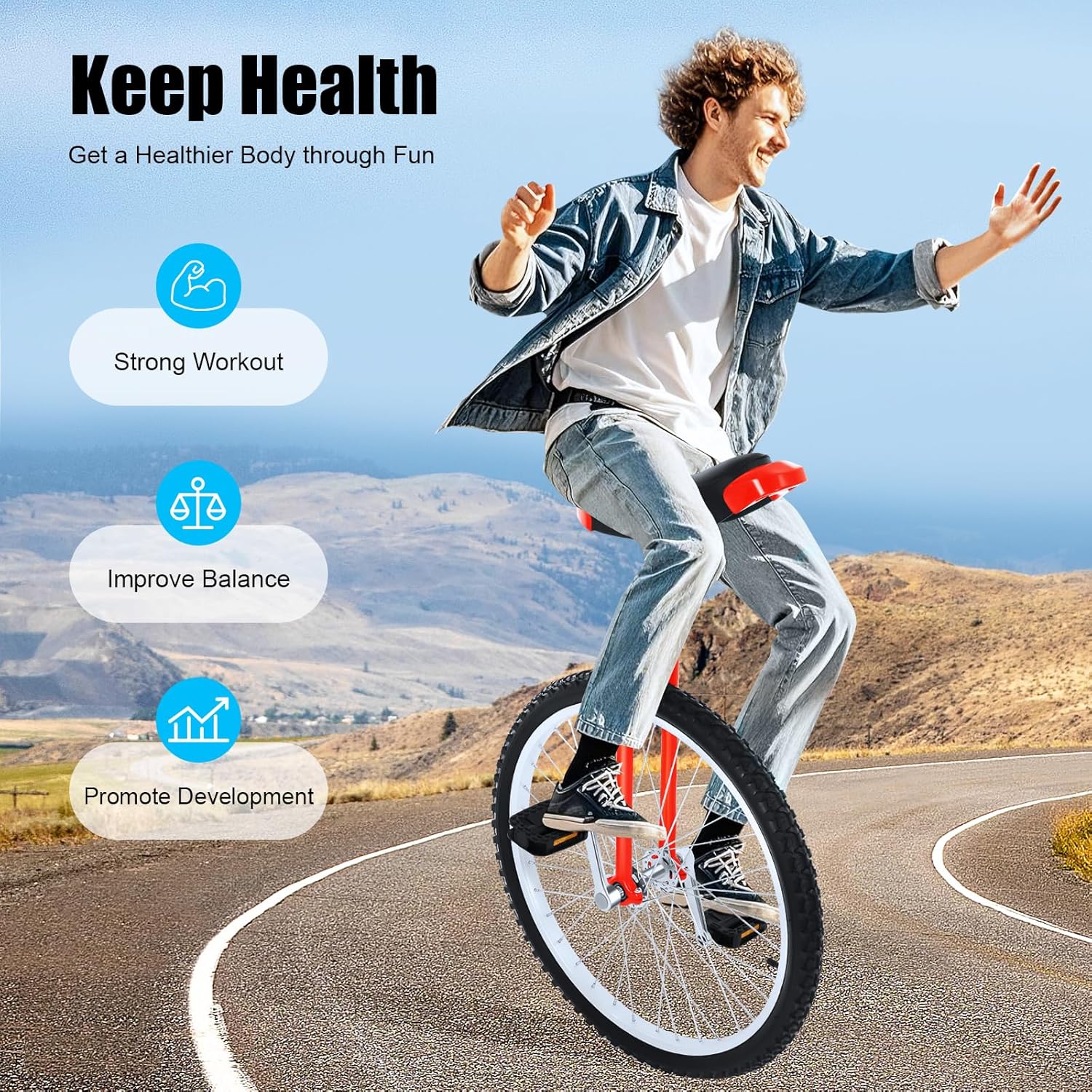 Outdoor Wheel Unicycle, Unicycles for Adults with Height-Adjustable Anti-Slip Tire Pedals Soft Saddle,110lb Load Capacity, Office Worker Student Cycling Enthusiast