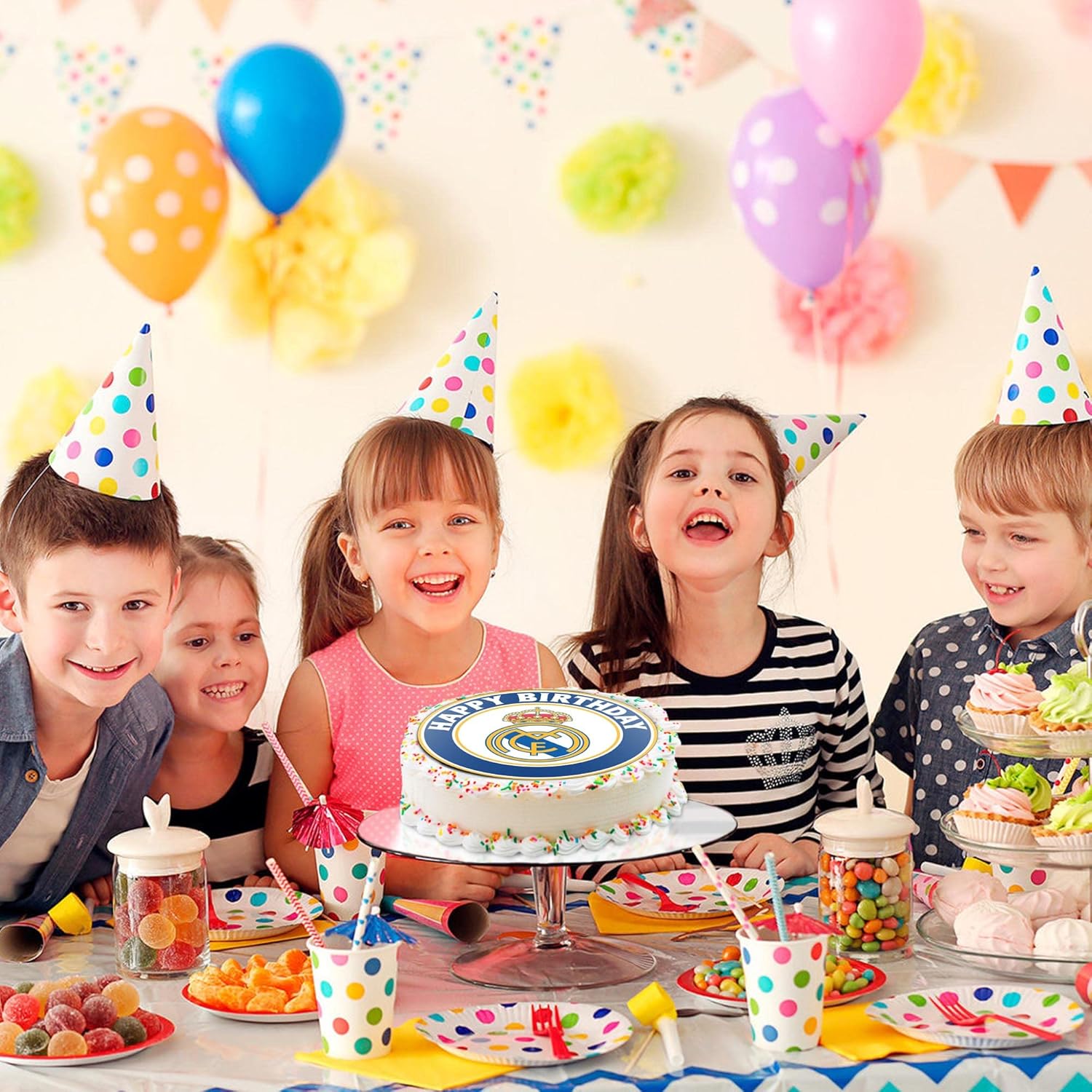 7.5 Madrid Elite Cake Topper – Round Edible Birthday Cake Decorations, Happy Birthday Cake - Image 5