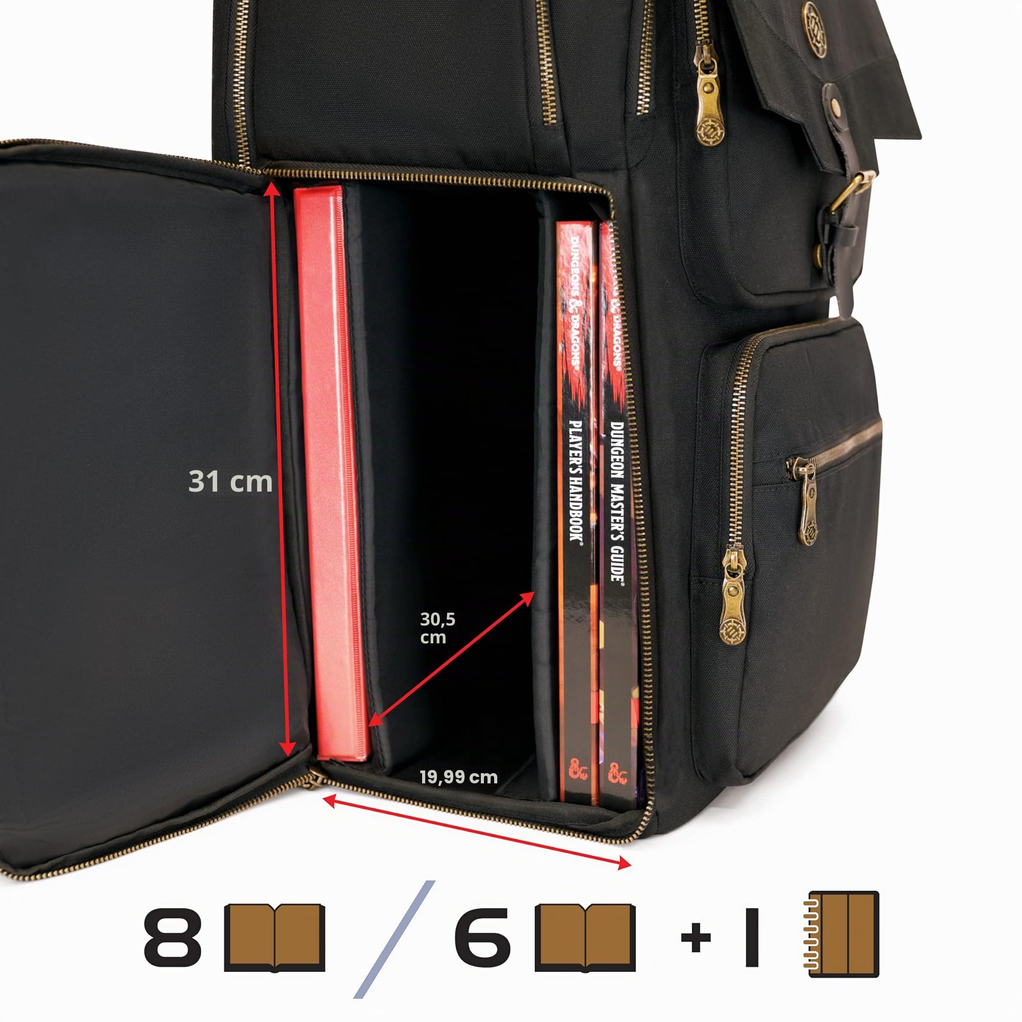 Enhance DND Mochila – RPG DM Bolsa para Dungeons and Dragons – Organizador de Bolsas DND de Viaje para 6-8 Libros Verticales, Ranura para Pantalla DM de 18 Pulgadas, bandejas de Espuma de