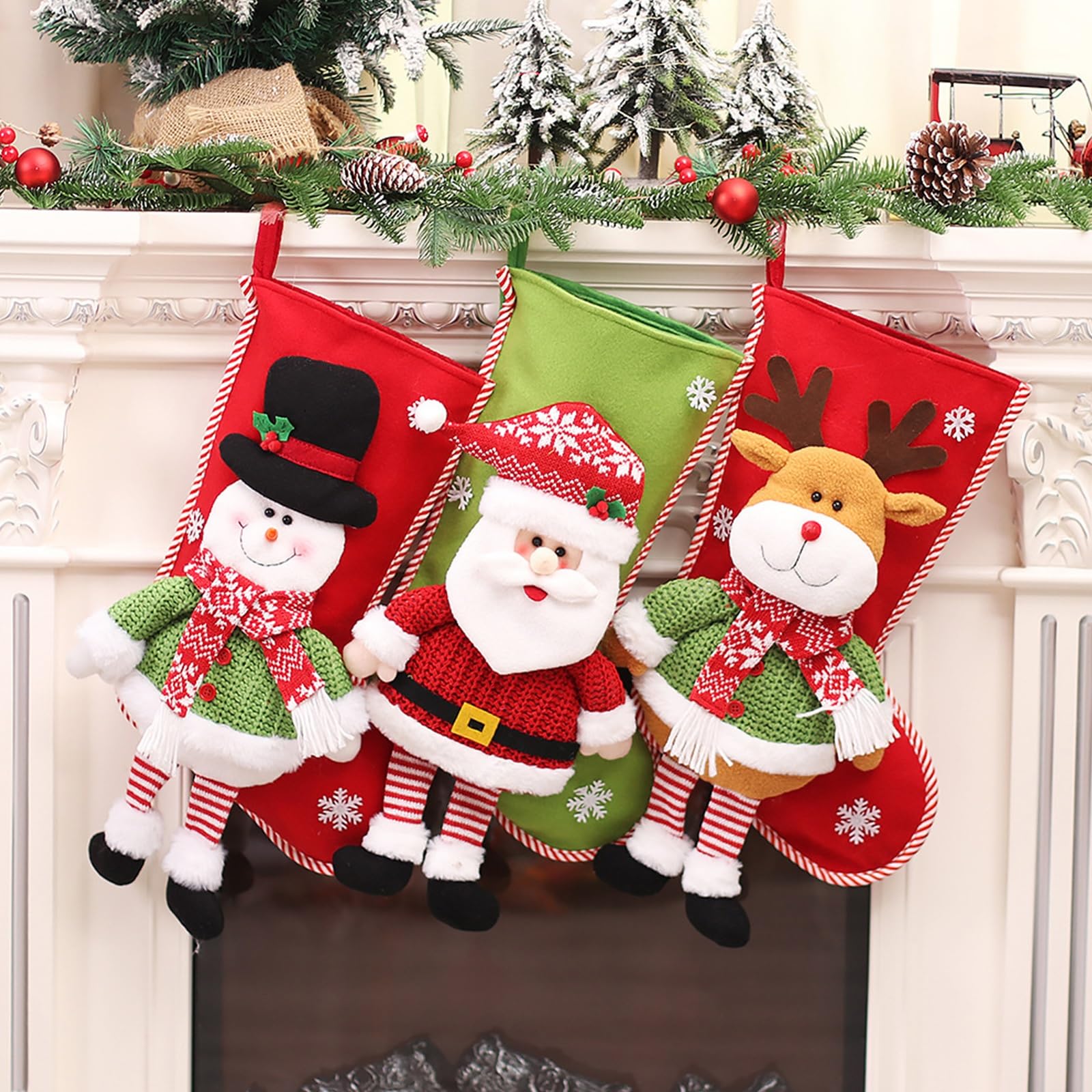 Weihnachtsstrümpfe-Set mit 3 Stück, Nikolausstiefel zum Befüllen, Weihnachtliche Süßigkeitentüte, personalisierte große Weihnachtssocken für Weihnachten Geschenke Weihnachtsbaum Kamin Deko