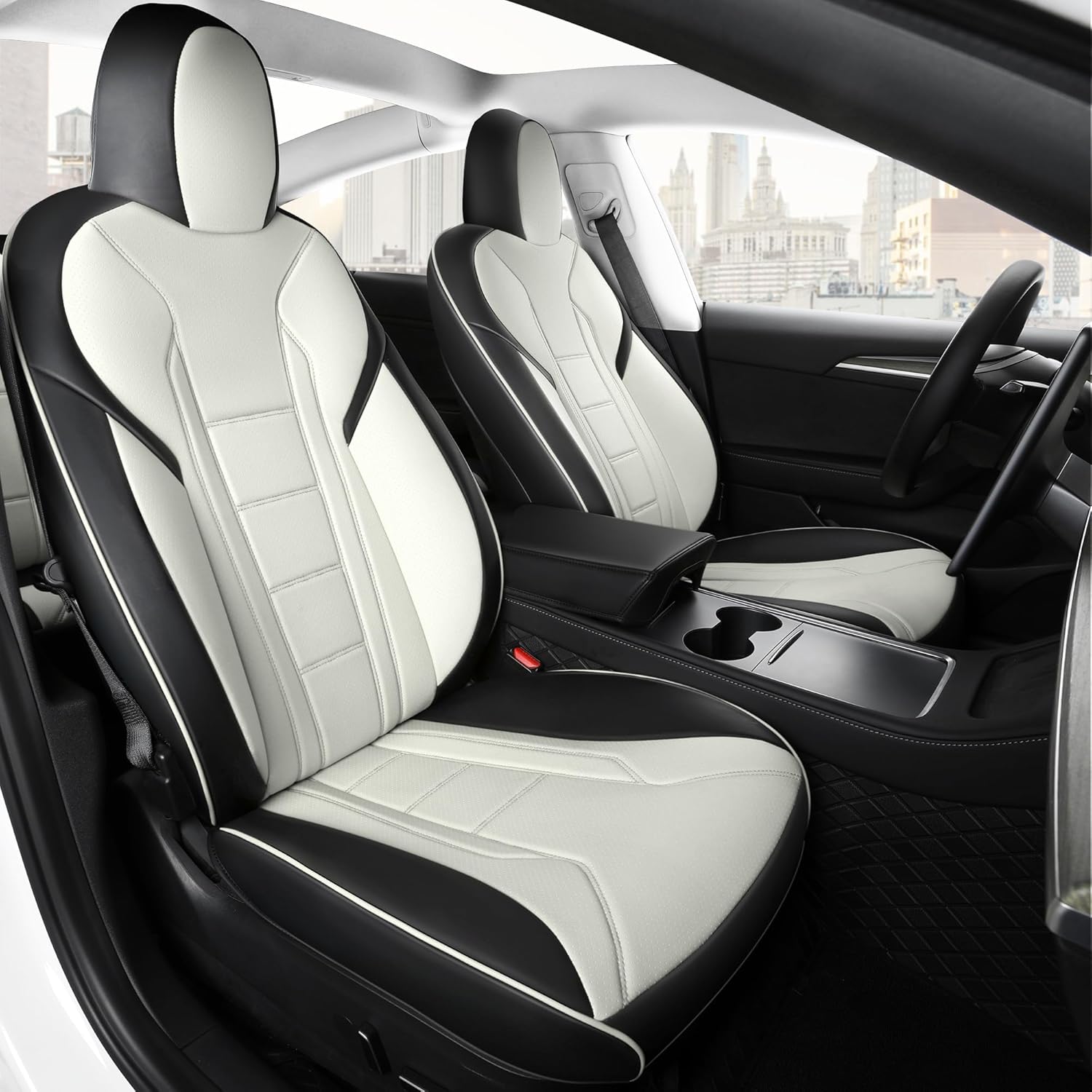 FREESOO Tesla Model 3 Seat Covers Front Only 2pc, Faux Leather Seat Protector Replacement Waterproof 2018-2023 Black White Model 3 Front Seats Black White