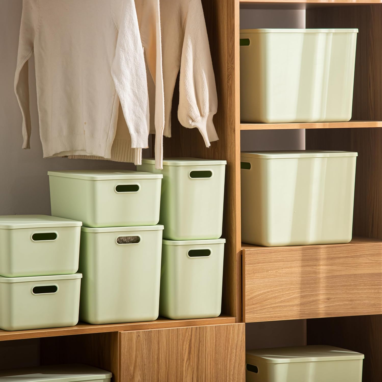 5 pack large plastic White storage bins Baskets, Toy Box Chest with Lids and Handle?Organizer Containers for Baby?Kids,snacks,Nursery?Shelves?Playroom, Bedroom?Office,Closet?home Set of 5 Large Light Green