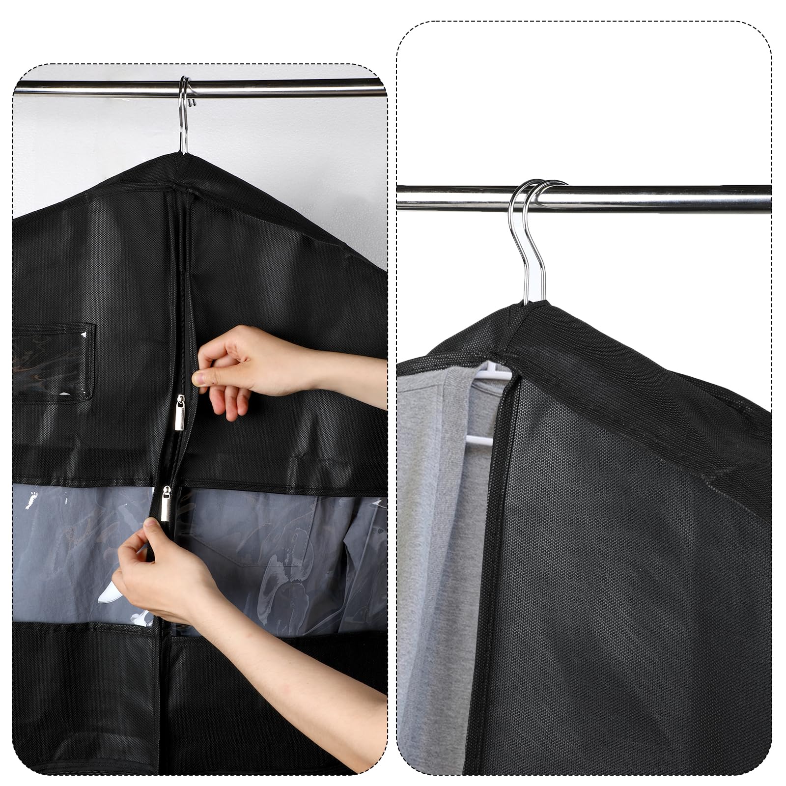 Torba na garnitur 107 cm, składana torba na garnitur, oddychająca torba na ubrania do wieszania ubrań, wytrzymały pokrowiec na garnitur z zamkiem błyskawicznym i 3 kieszeniami siatkowymi na koszule,